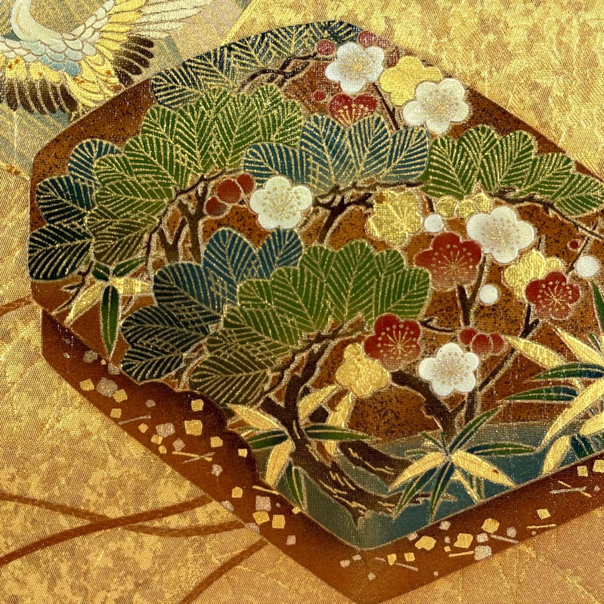 袋帶 秀品級 附落款 文箱 松樹竹子梅花 金銀彩 金色 大鼓圖案 純蠶絲