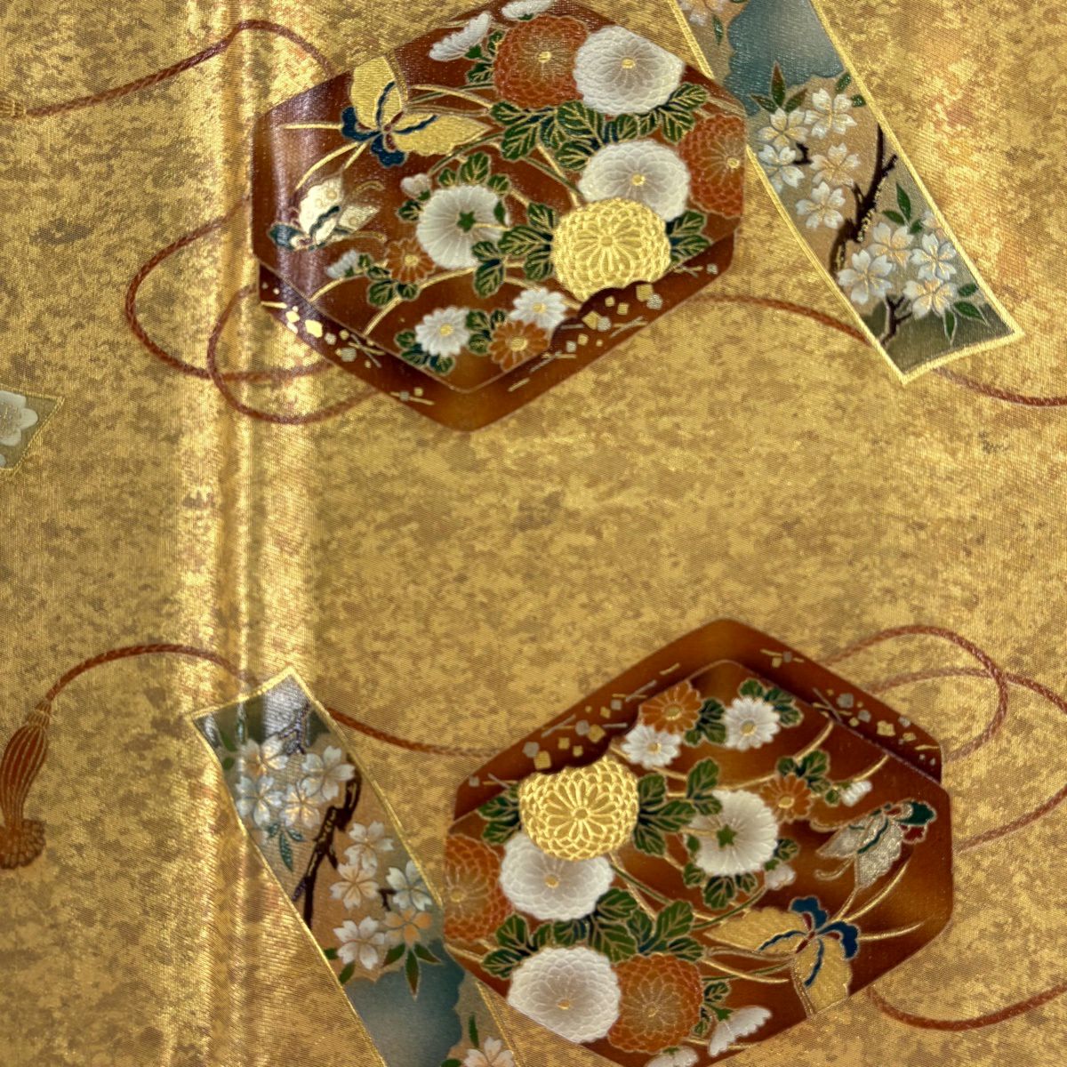 袋帶 秀品級 附落款 文箱 松樹竹子梅花 金銀彩 金色 大鼓圖案 純蠶絲