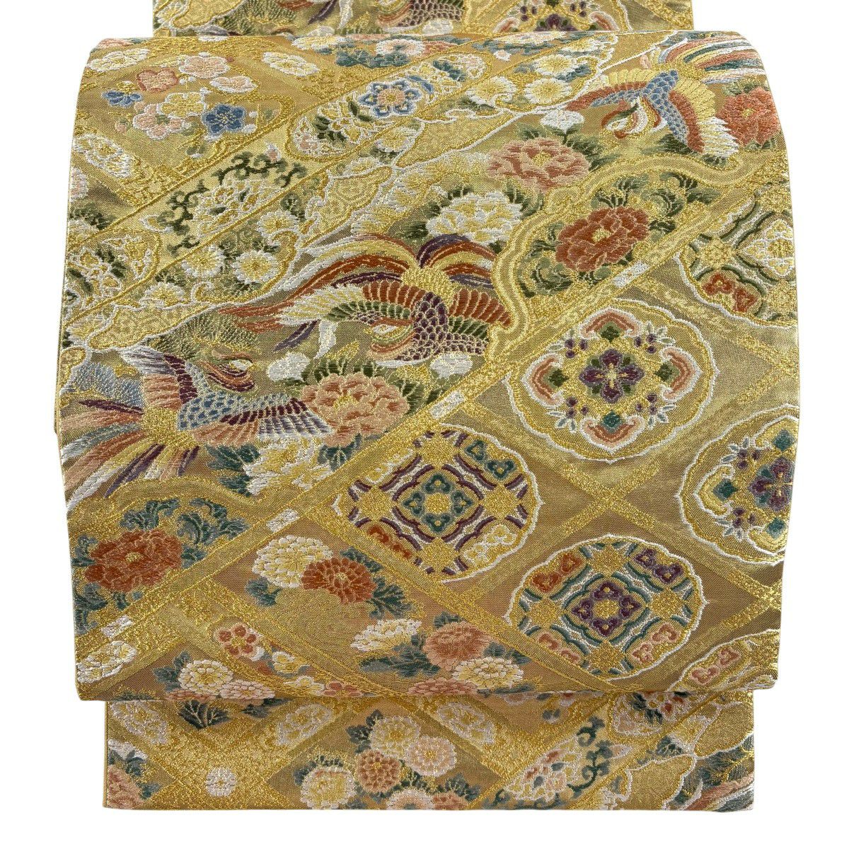 【美品】 袋帶 秀品級 大和 鳳凰 草花紋 金絲 金金箔 金色 六通 純蠶絲