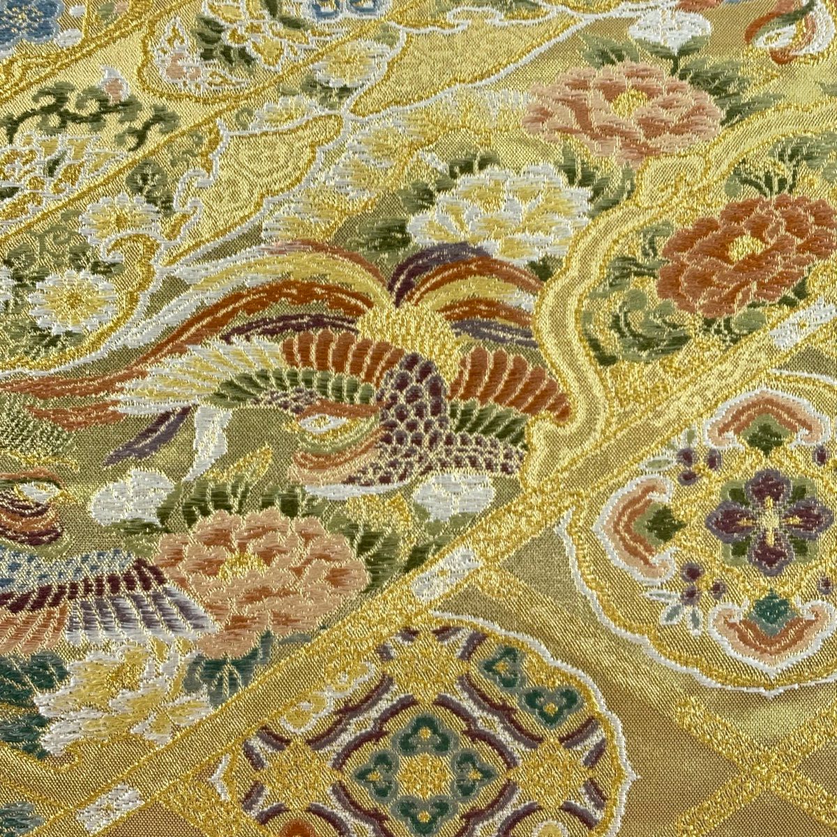 【美品】 袋帶 秀品級 大和 鳳凰 草花紋 金絲 金金箔 金色 六通 純蠶絲
