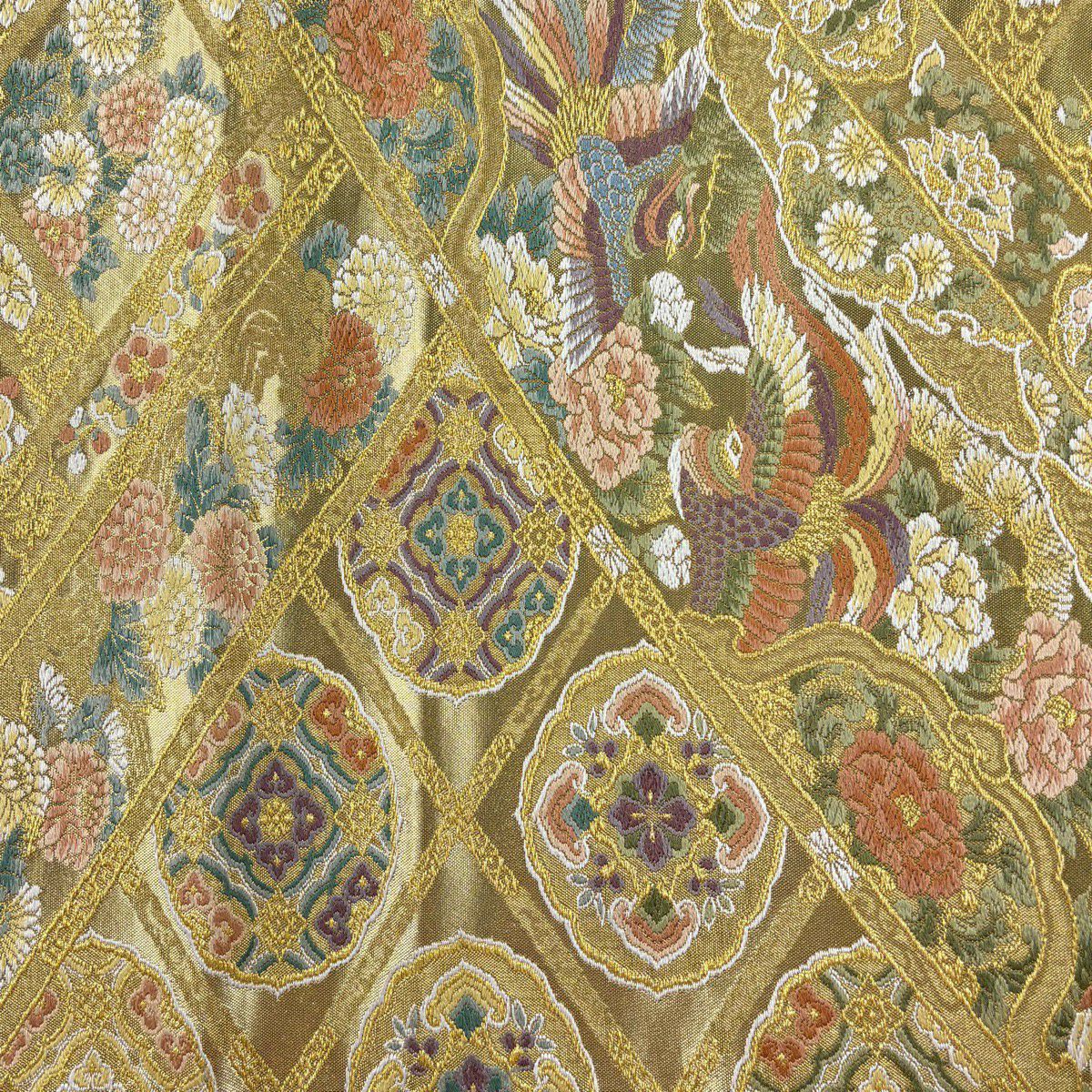 【美品】 袋帶 秀品級 大和 鳳凰 草花紋 金絲 金金箔 金色 六通 純蠶絲