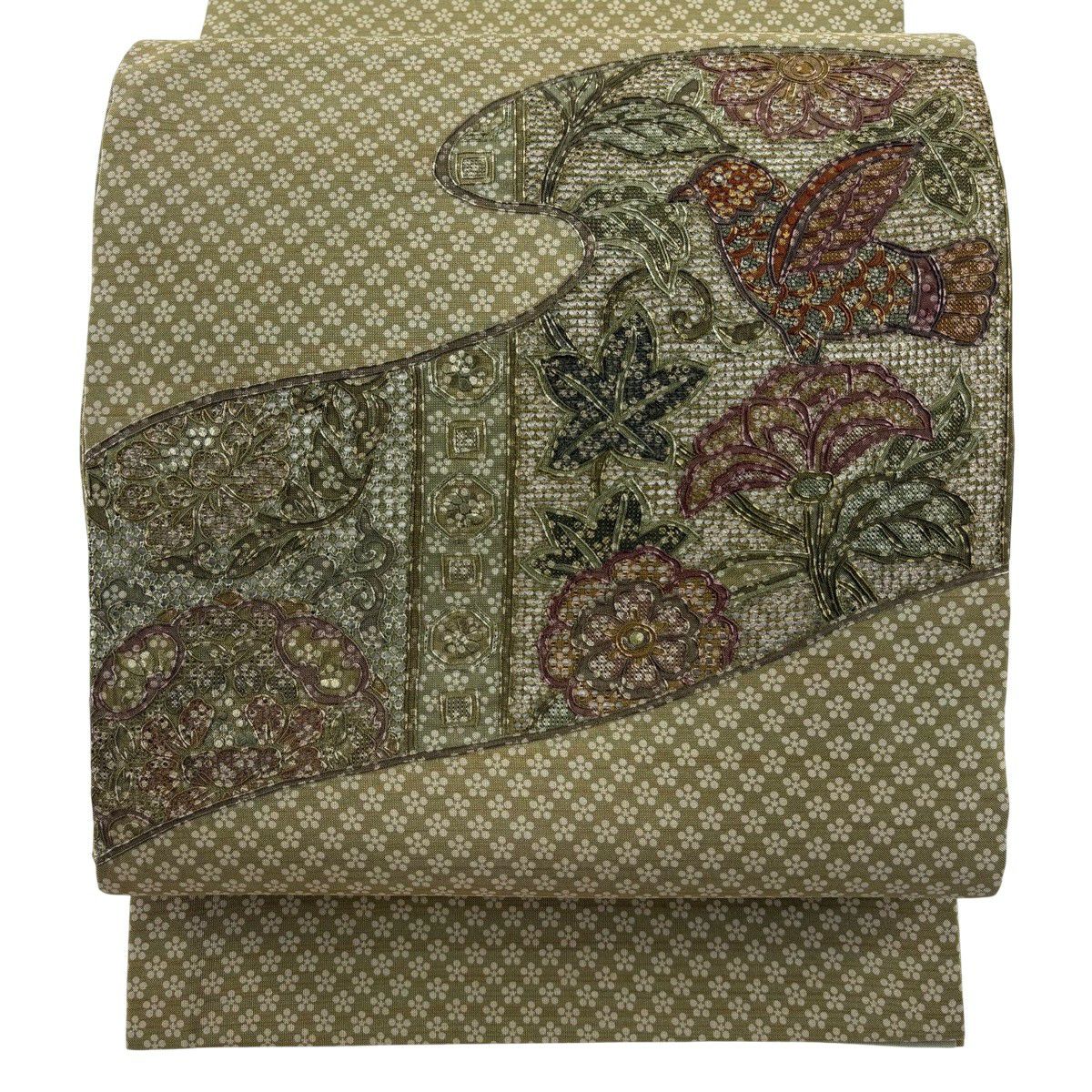 【美品】 袋帶 秀品級 鳥 草花紋 刺繡 鶯 深藍色 正蠶絲