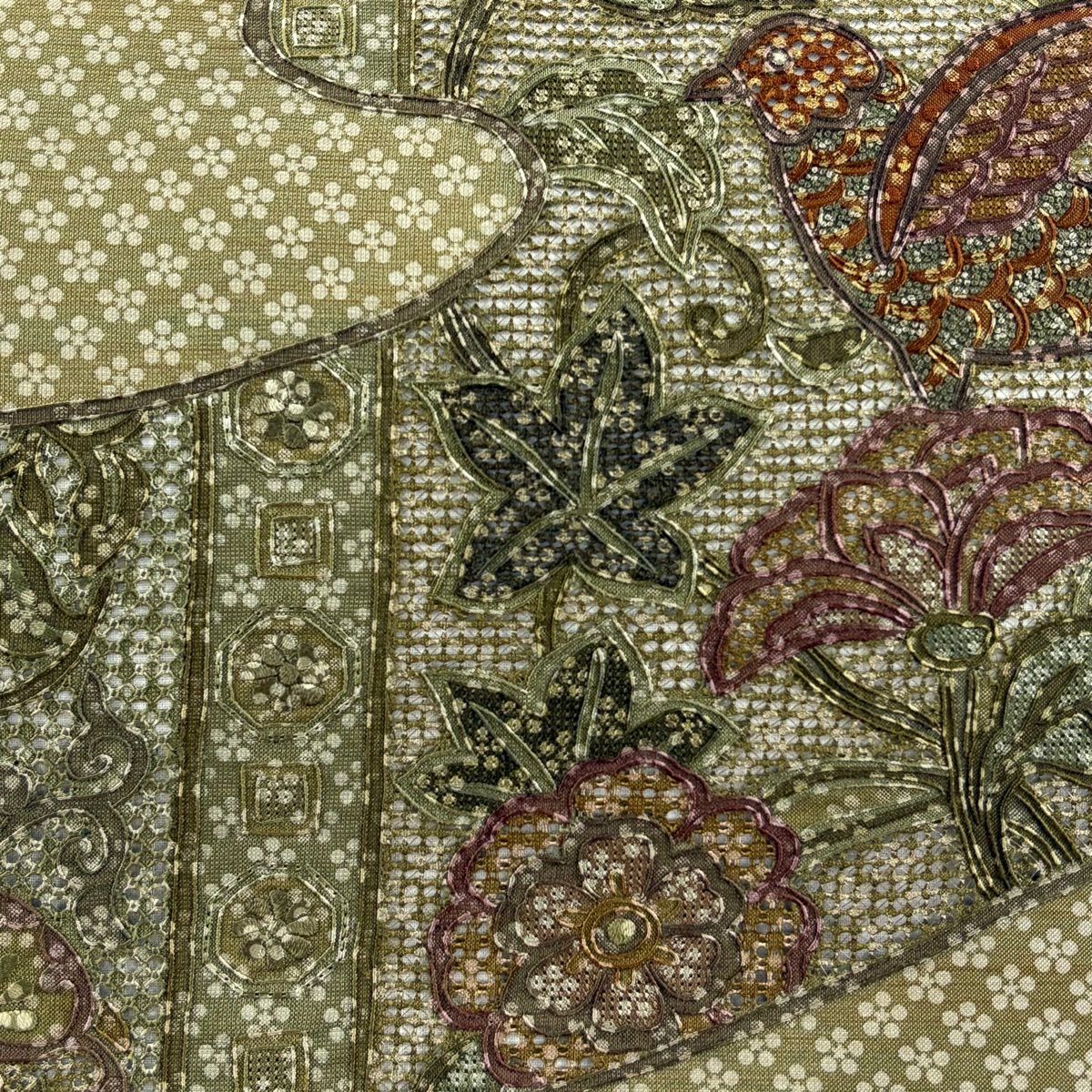 【美品】 袋帶 秀品級 鳥 草花紋 刺繡 鶯 深藍色 正蠶絲