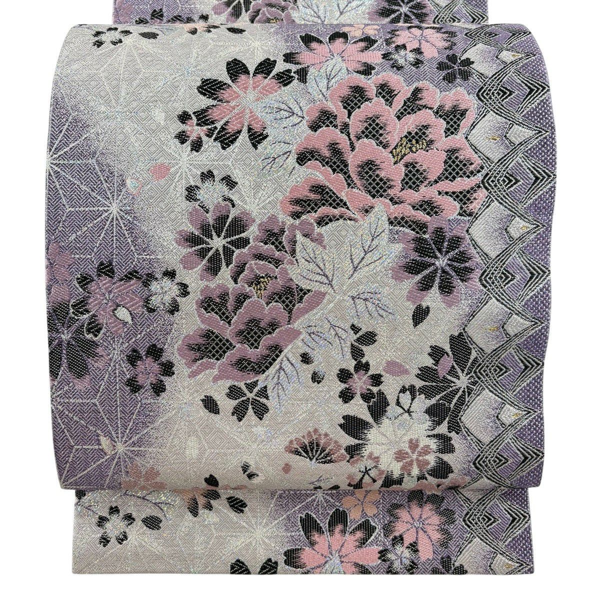 【美品】 袋帶 秀品級 大和 振袖禮服禮服用 櫻花 麻葉 金金箔 金線 灰紫 六通 純蠶絲