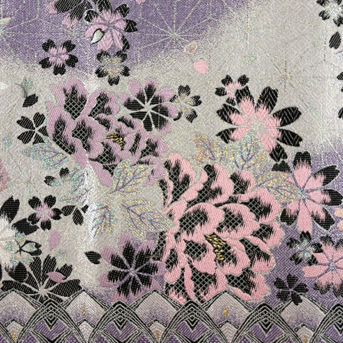 【美品】 袋帶 秀品級 大和 振袖禮服禮服用 櫻花 麻葉 金金箔 金線 灰紫 六通 純蠶絲