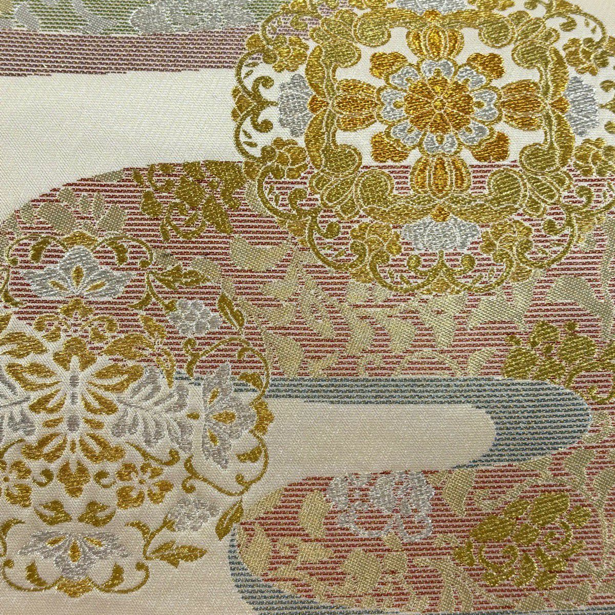 袋帶 秀品級 華紋 ヱ霞 金銀絲 金金箔 米色 六通 純蠶絲