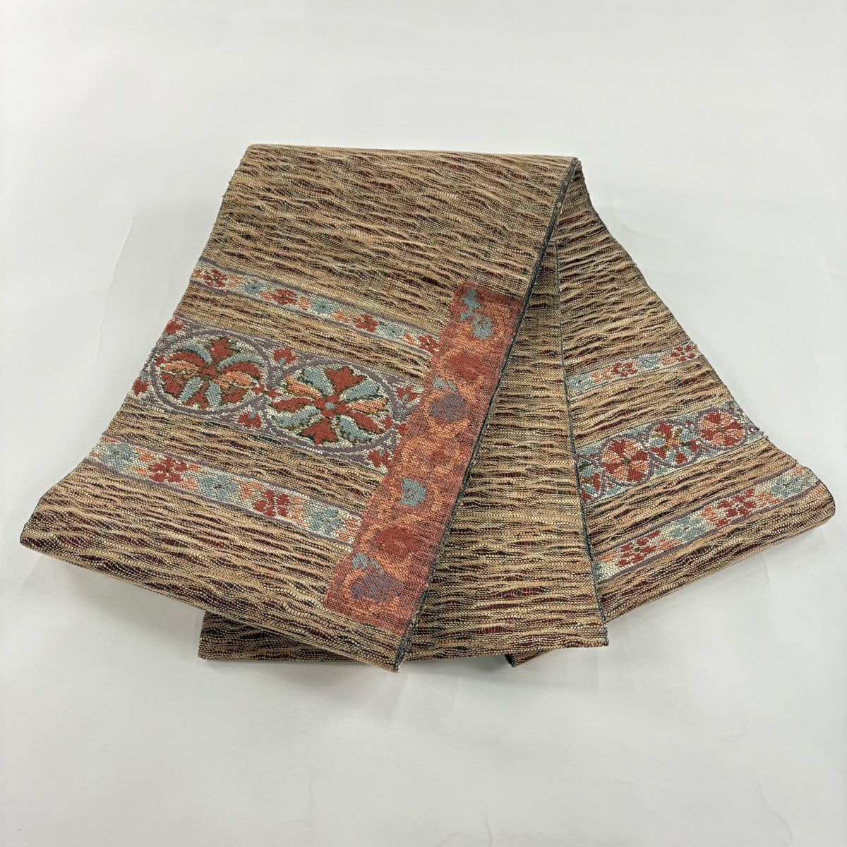 【美品】 袋帶 秀品級 華紋 草花紋 金糸 金金箔 紅茶 お太鼓圖案 純蠶絲