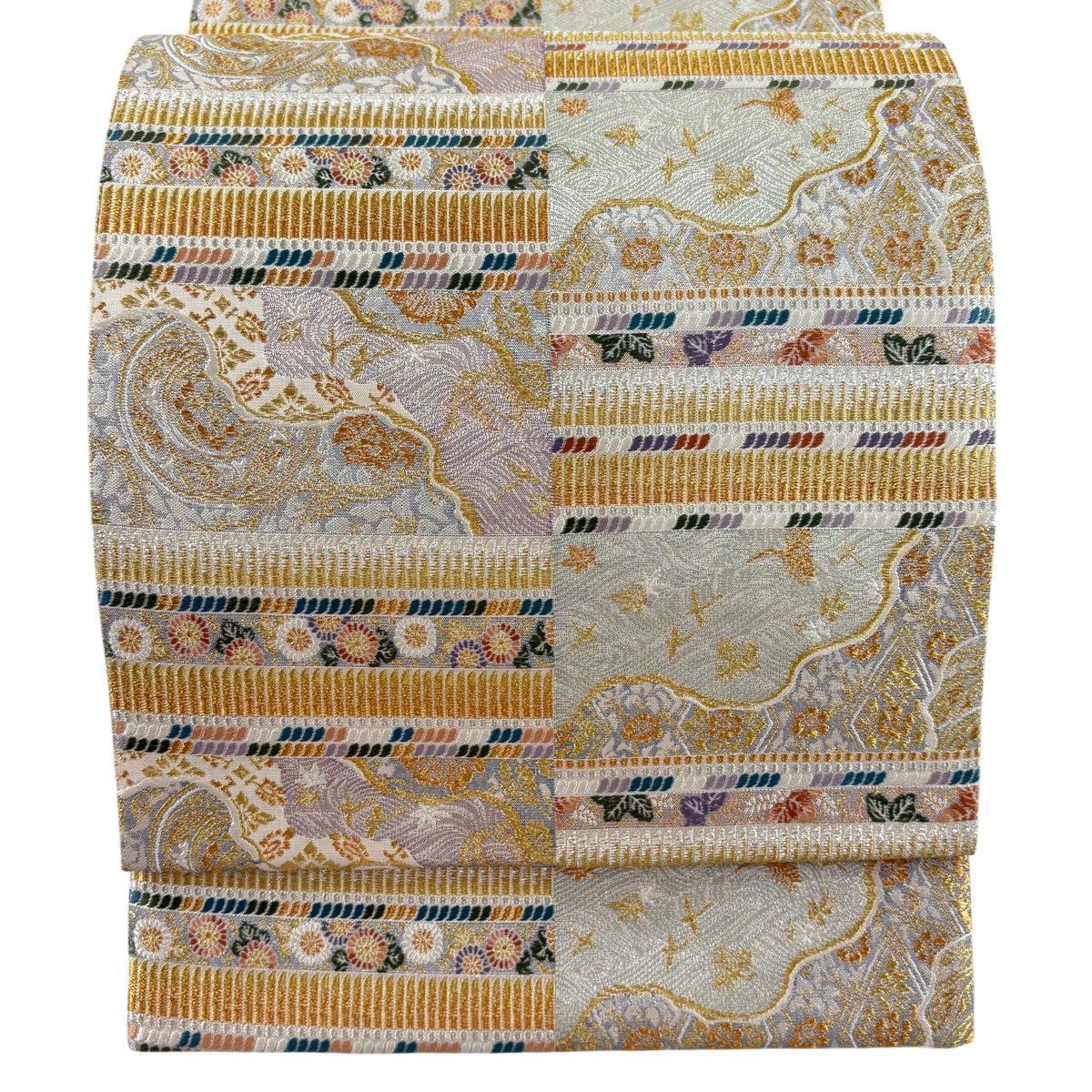 【美品】 袋帶 秀品級 花鳥 波 金銀糸 金金箔 灰色 六通 純蠶絲