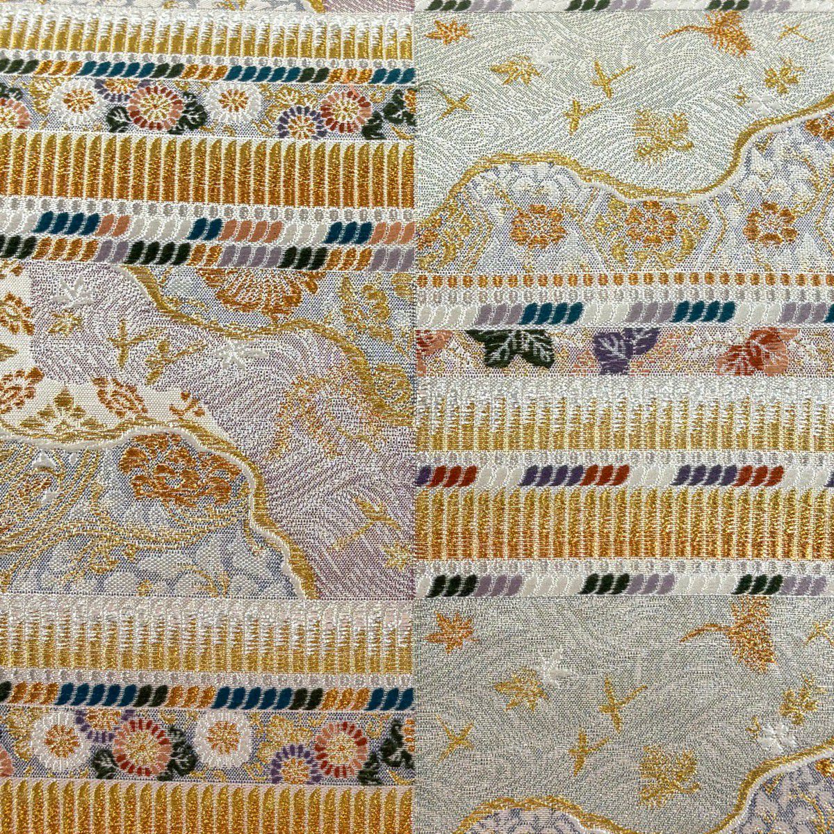 【美品】 袋帶 秀品級 花鳥 波 金銀糸 金金箔 灰色 六通 純蠶絲