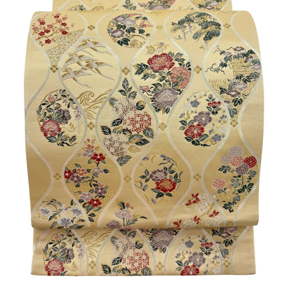 【美品】 袋帶 秀品級 立涌 草花紋 金糸 金金箔 米色 六通 純蠶絲