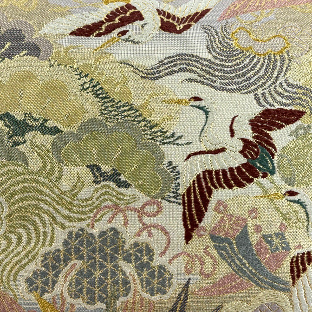 袋帶 秀品級 仙鶴 松樹 金糸 金金箔 米色 六通 純蠶絲