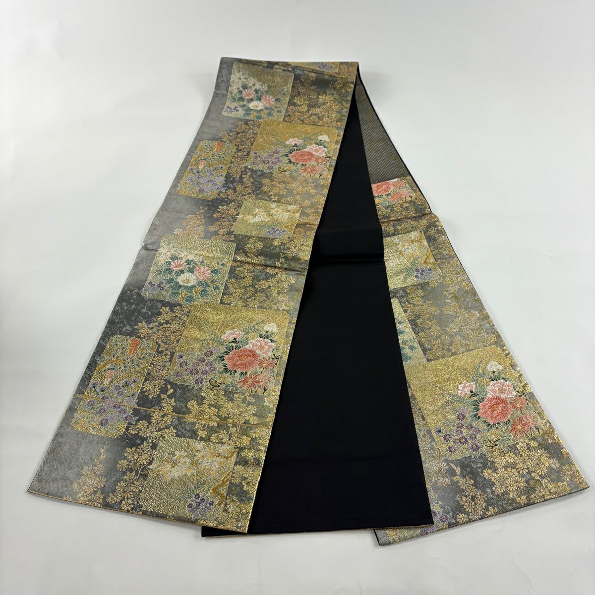 【美品】 袋帶 秀品級 粋匠蒔繪色紙紋 金金箔 金色 六通 純蠶絲