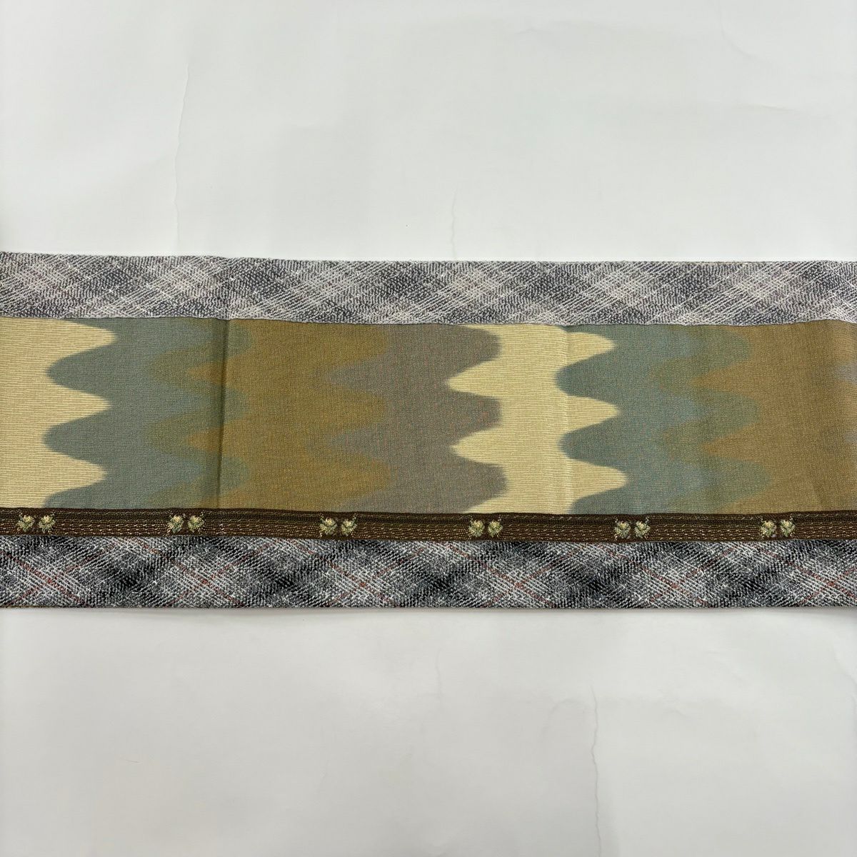 【美品】 袋帶 秀品級 幾何學 斜格子 金銀絲 灰茶 全通 純蠶絲
