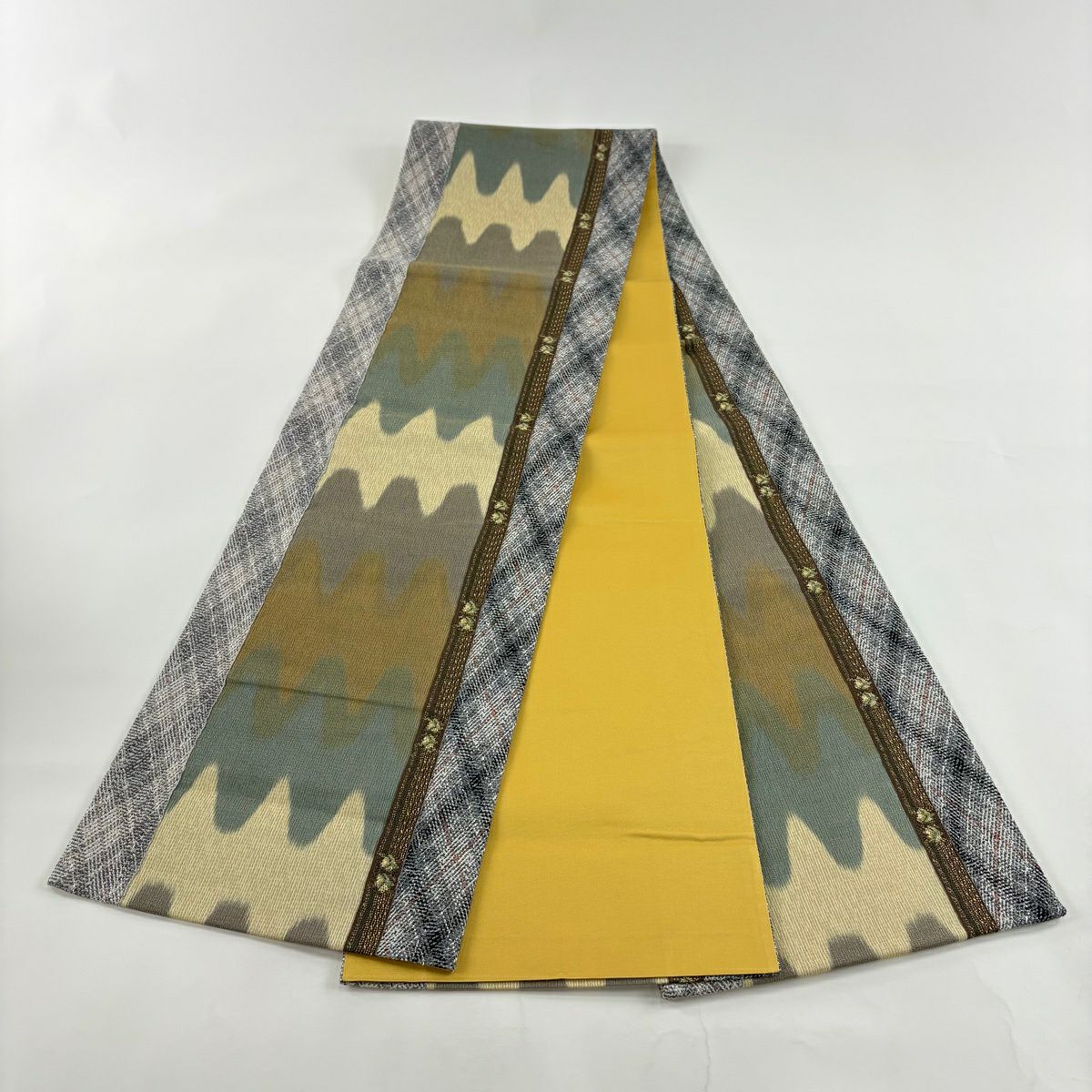 【美品】 袋帶 秀品級 幾何學 斜格子 金銀絲 灰茶 全通 純蠶絲