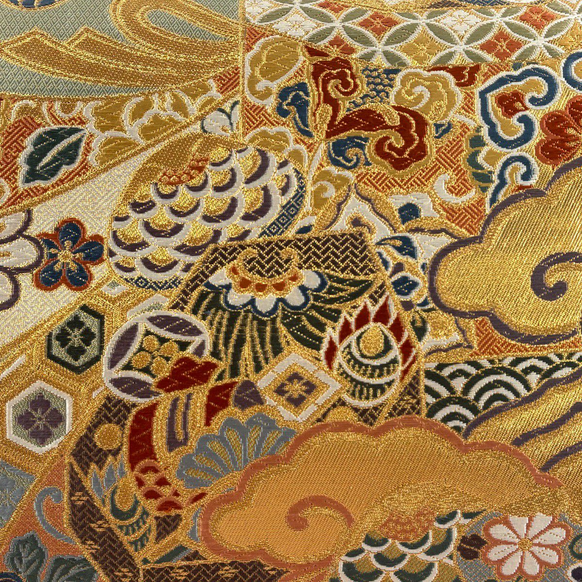 袋帶 秀品級 貝桶 寶盡くし 金絲 金金箔 金色 六通 純蠶絲