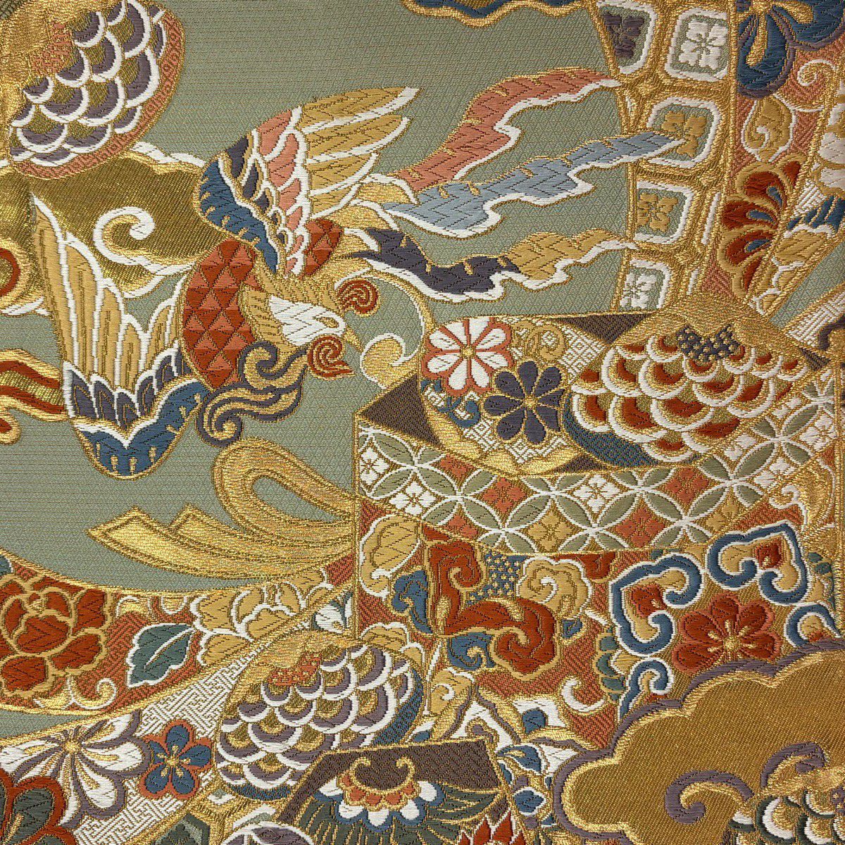 袋帶 秀品級 貝桶 寶盡くし 金絲 金金箔 金色 六通 純蠶絲