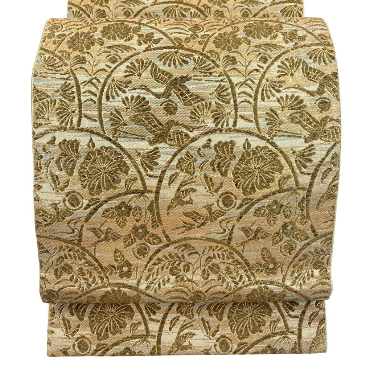 【美品】 袋帶 秀品級 川島織物 落款 草花紋 鳥 金絲 金金箔 金色 六通 純蠶絲