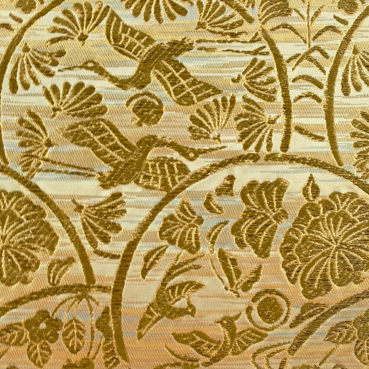 【美品】 袋帶 秀品級 川島織物 落款 草花紋 鳥 金絲 金金箔 金色 六通 純蠶絲