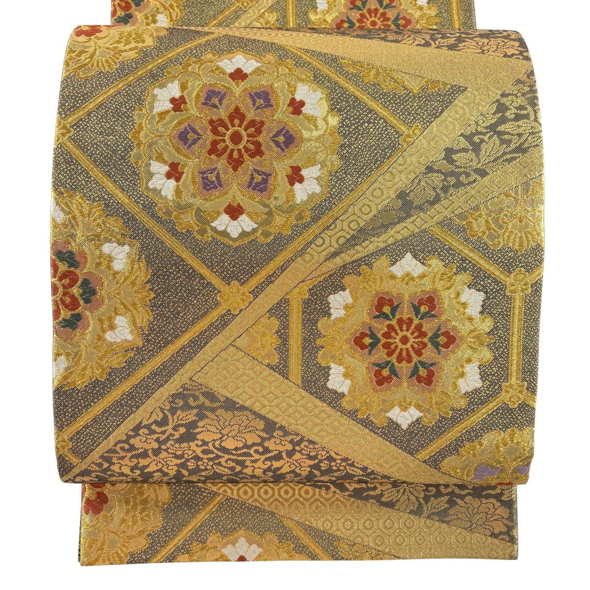 【美品】 袋帶 秀品級 華紋 花唐草紋 金絲 金金箔 金色 六通 純蠶絲
