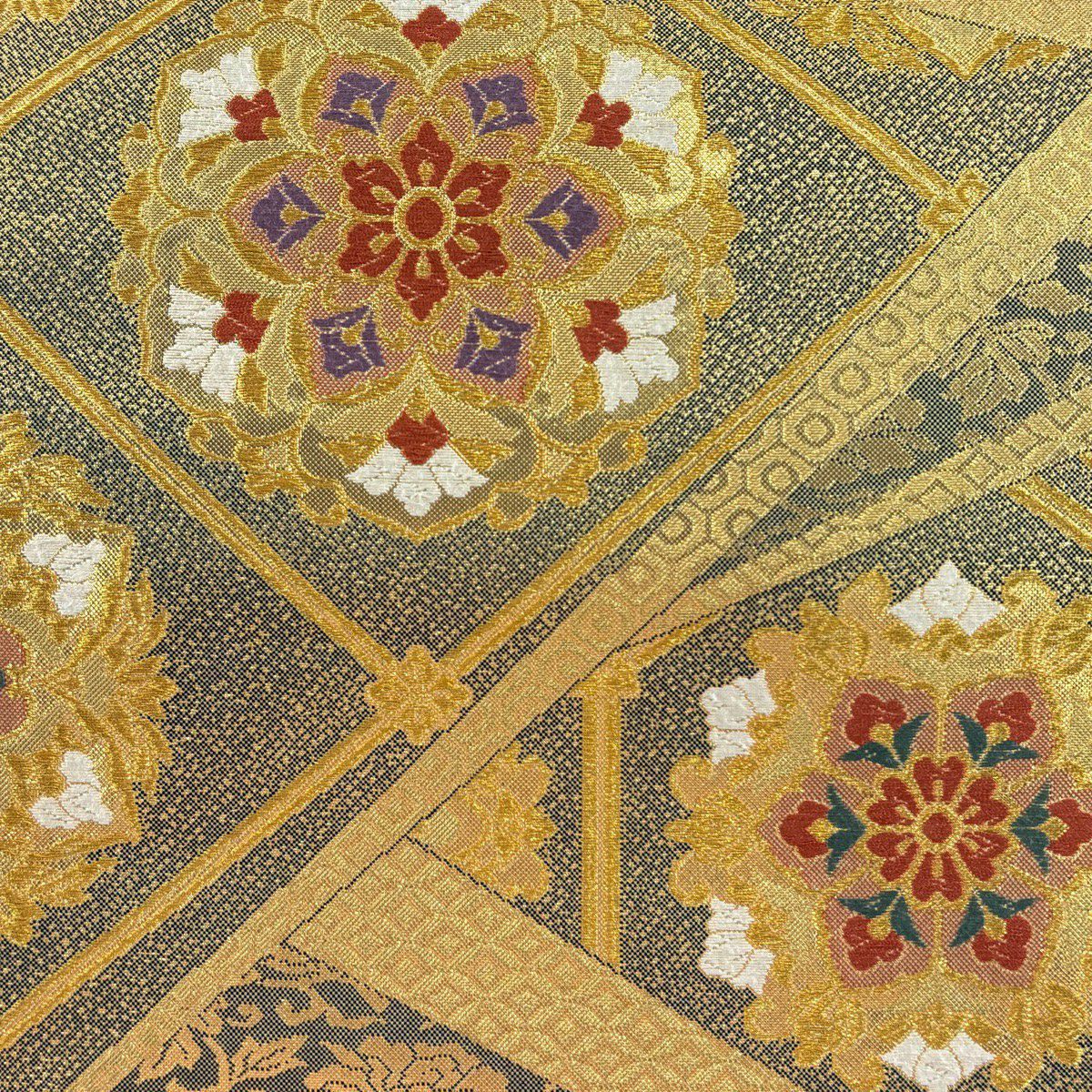 【美品】 袋帶 秀品級 華紋 花唐草紋 金絲 金金箔 金色 六通 純蠶絲
