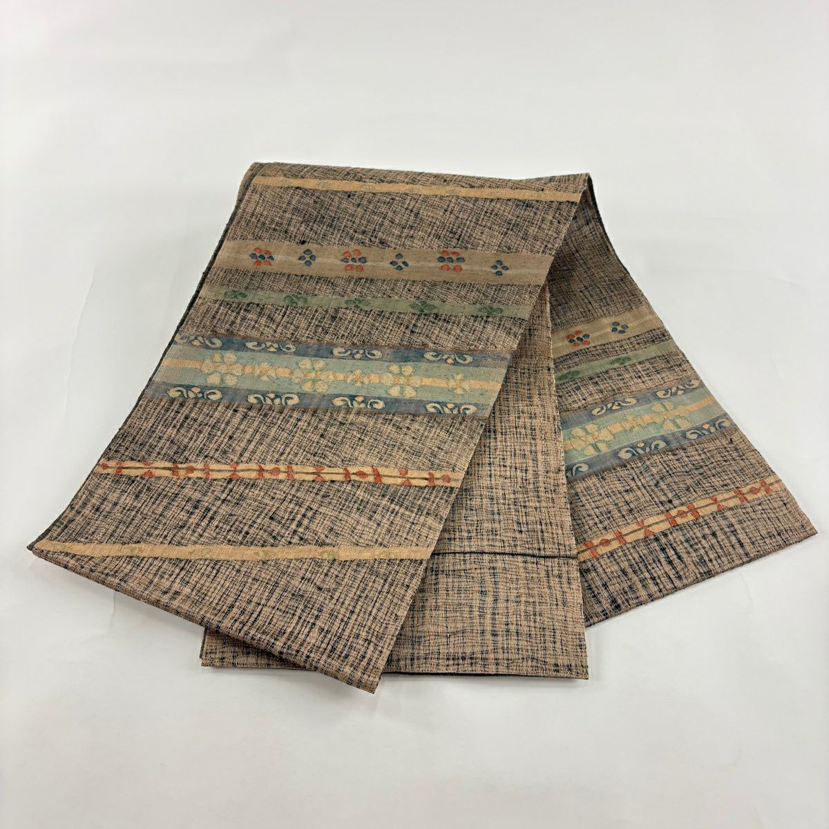 【美品】 袋帶 秀品級 花 斜紋 薄茶 純蠶絲