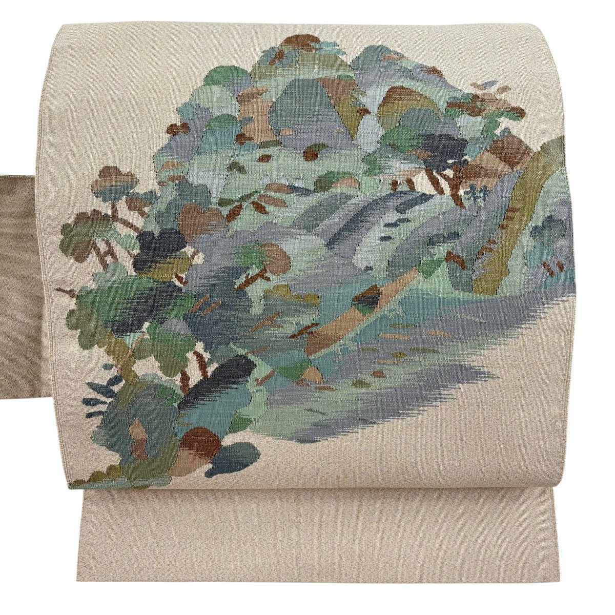 【美品】 名古屋帶 秀品級 山 樹木 金金箔 鮮 beige 純蠶絲