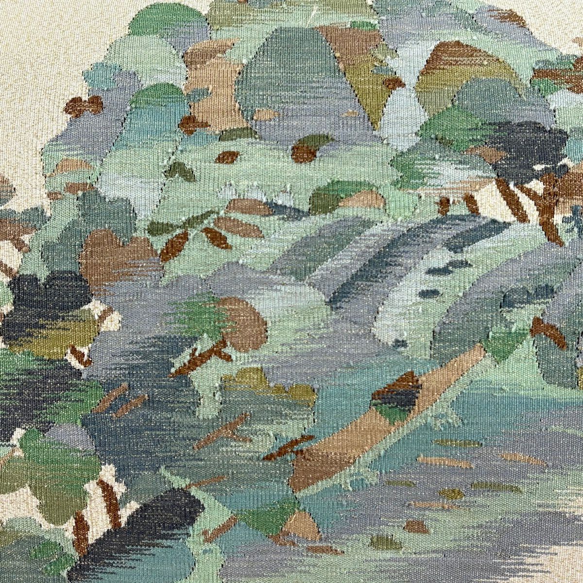 【美品】 名古屋帶 秀品級 山 樹木 金金箔 鮮 beige 純蠶絲