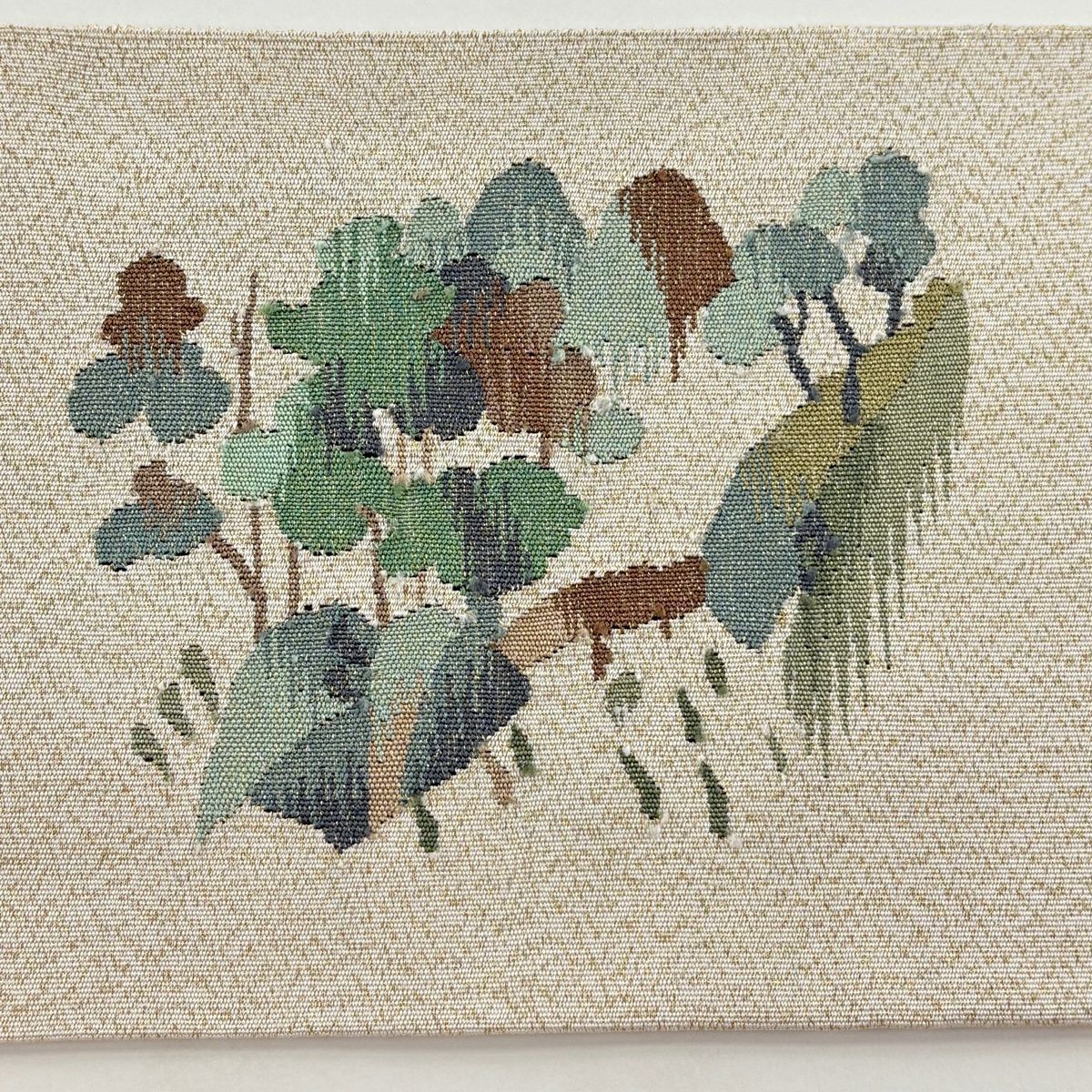 【美品】 名古屋帶 秀品級 山 樹木 金金箔 鮮 beige 純蠶絲