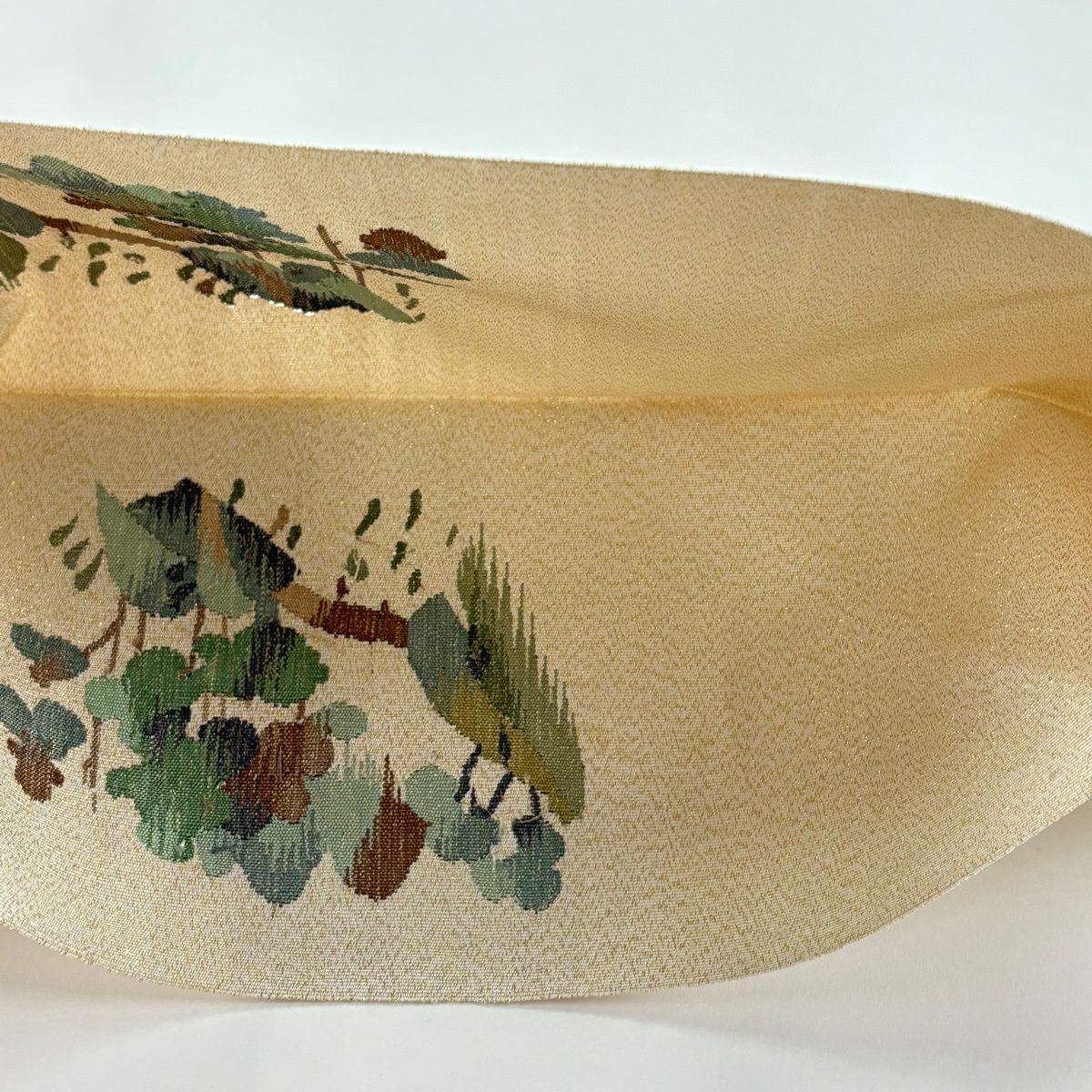 【美品】 名古屋帶 秀品級 山 樹木 金金箔 鮮 beige 純蠶絲