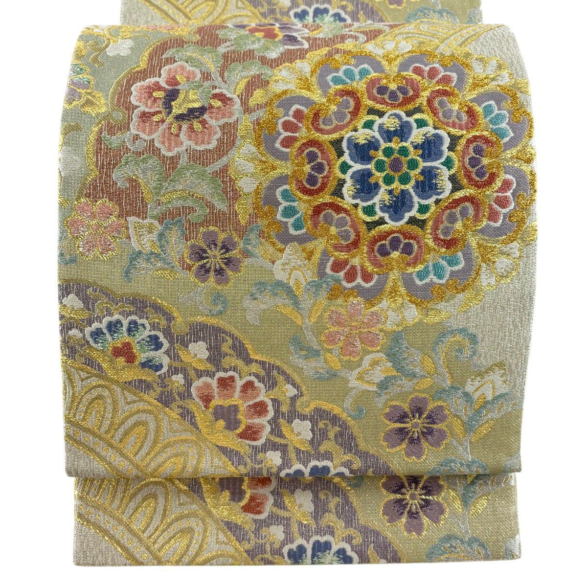 【美品】 袋帶 秀品級 落款あり 東洋聖華紋 金銀彩 金金箔 奶油 六通 純蠶絲