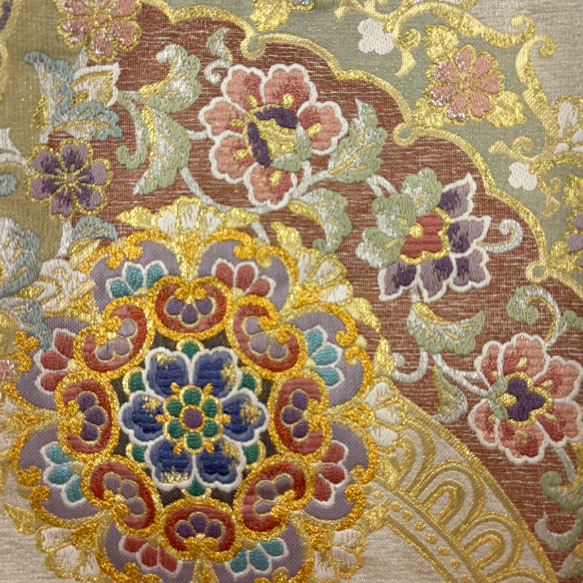 【美品】 袋帶 秀品級 落款あり 東洋聖華紋 金銀彩 金金箔 奶油 六通 純蠶絲