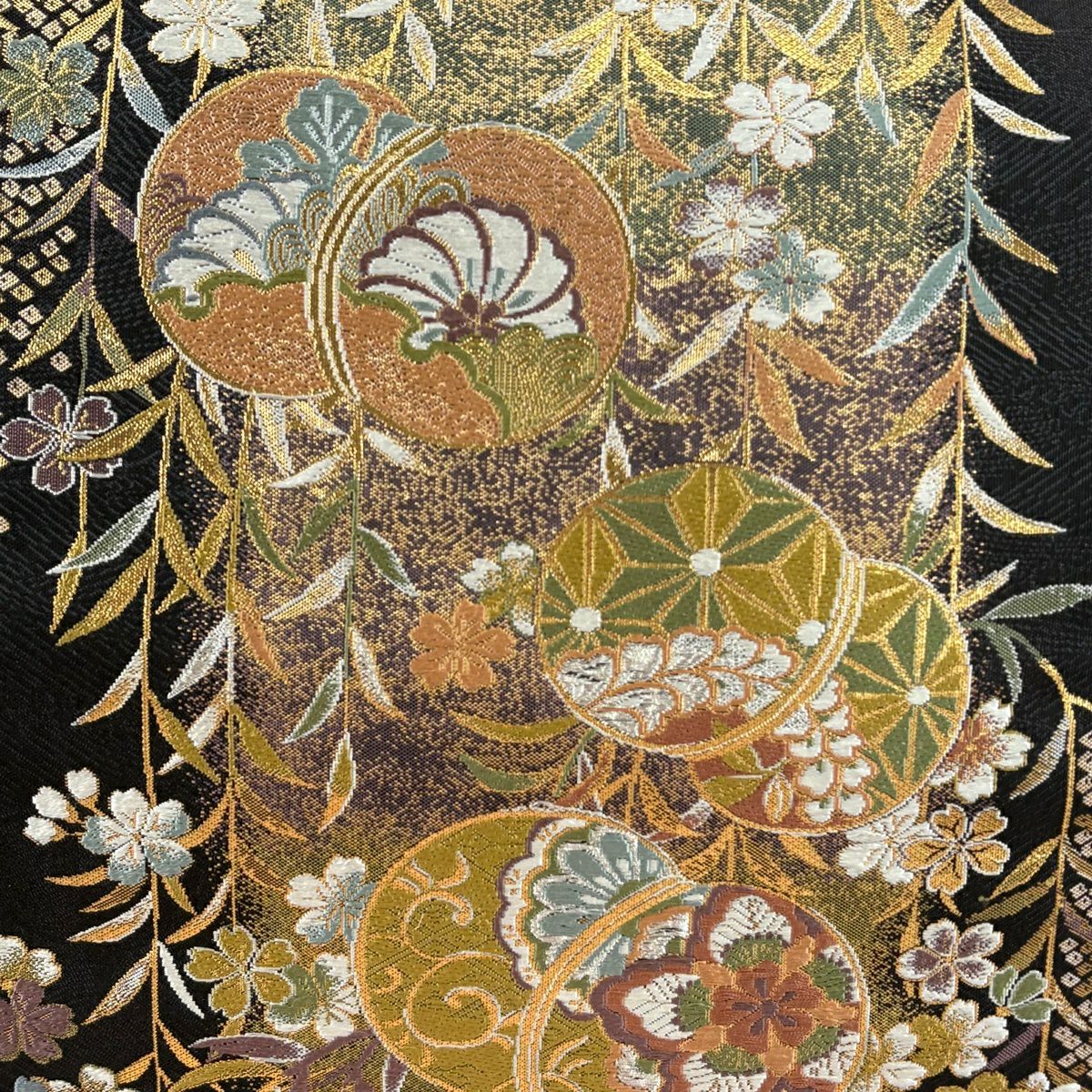 【美品】 袋帶 秀品級 鈴乃屋 蹴鞠 櫻花 金金箔 焦茶 六通 純蠶絲