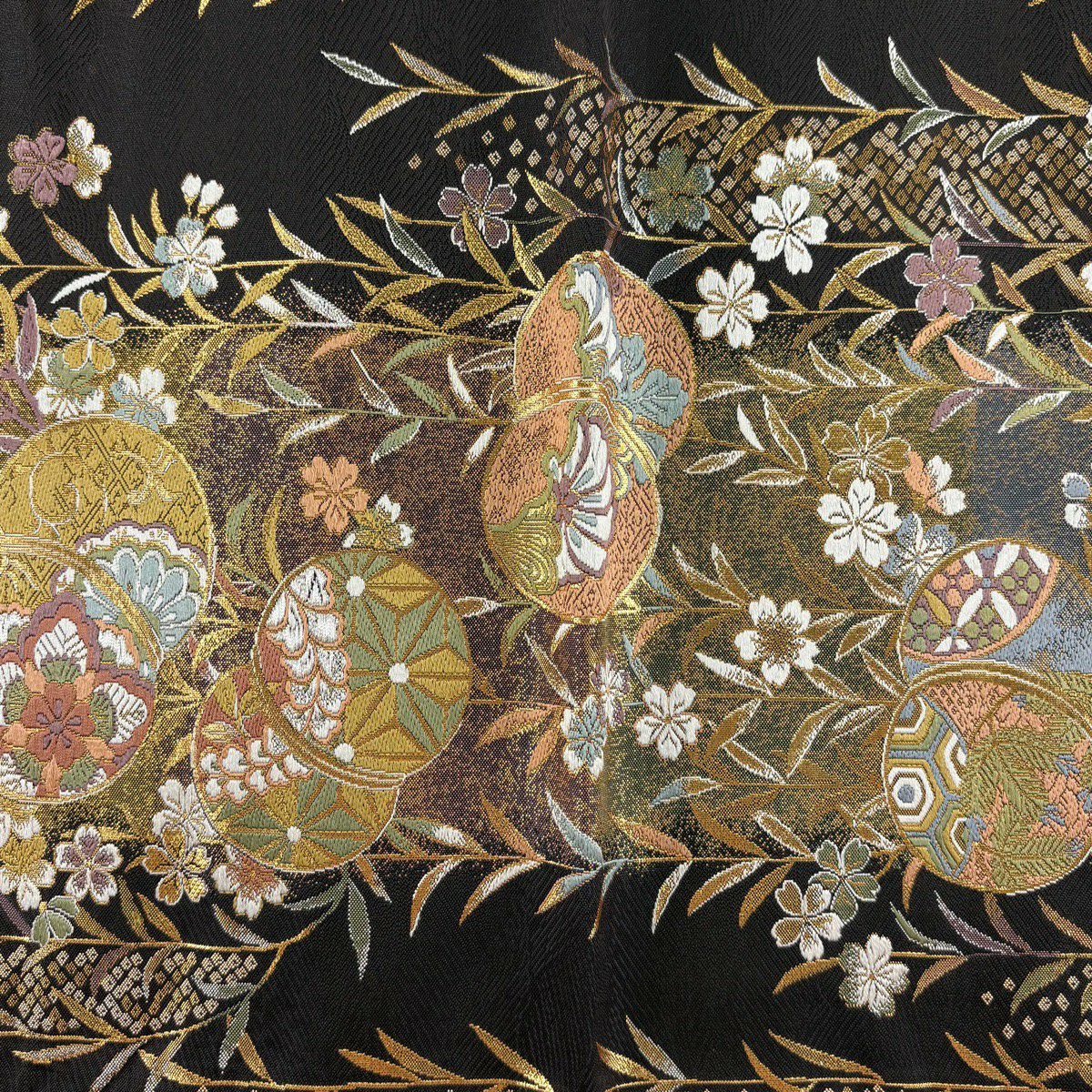 【美品】 袋帶 秀品級 鈴乃屋 蹴鞠 櫻花 金金箔 焦茶 六通 純蠶絲