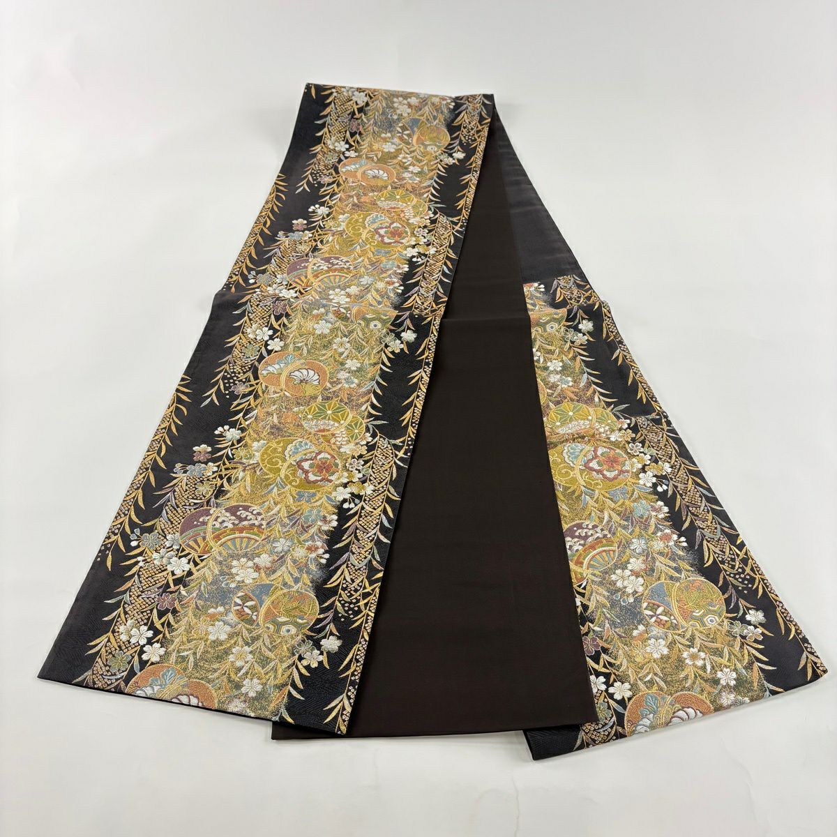 【美品】 袋帶 秀品級 鈴乃屋 蹴鞠 櫻花 金金箔 焦茶 六通 純蠶絲