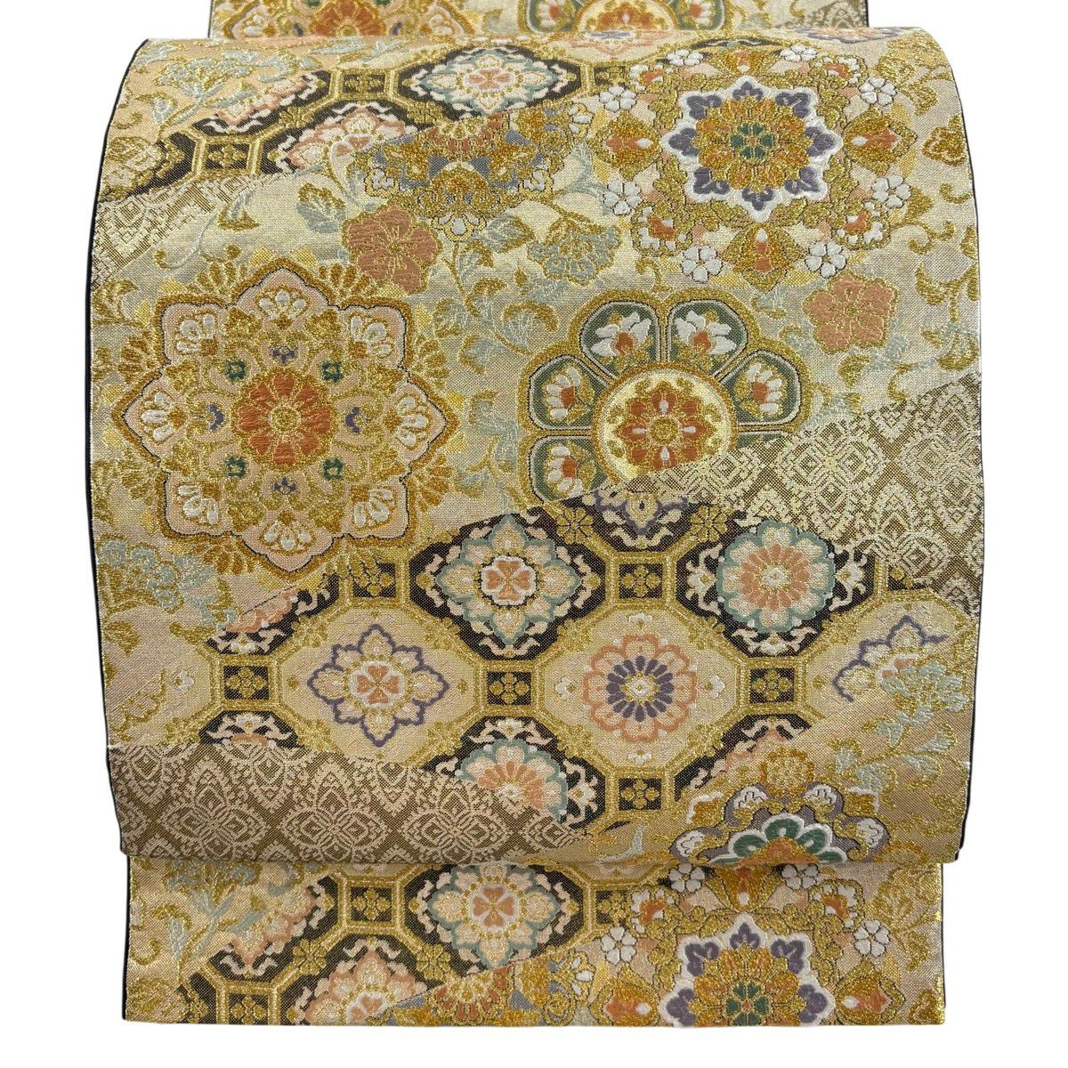 【美品】 袋帶 秀品級 華紋 草花紋 金絲 金金箔 金色 六通 純蠶絲