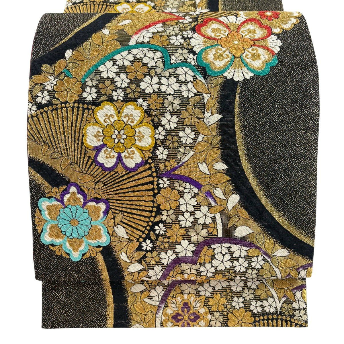 【美品】 袋帶 秀品級 葉與花瓣 金絲 金金箔 黑 六通 純蠶絲