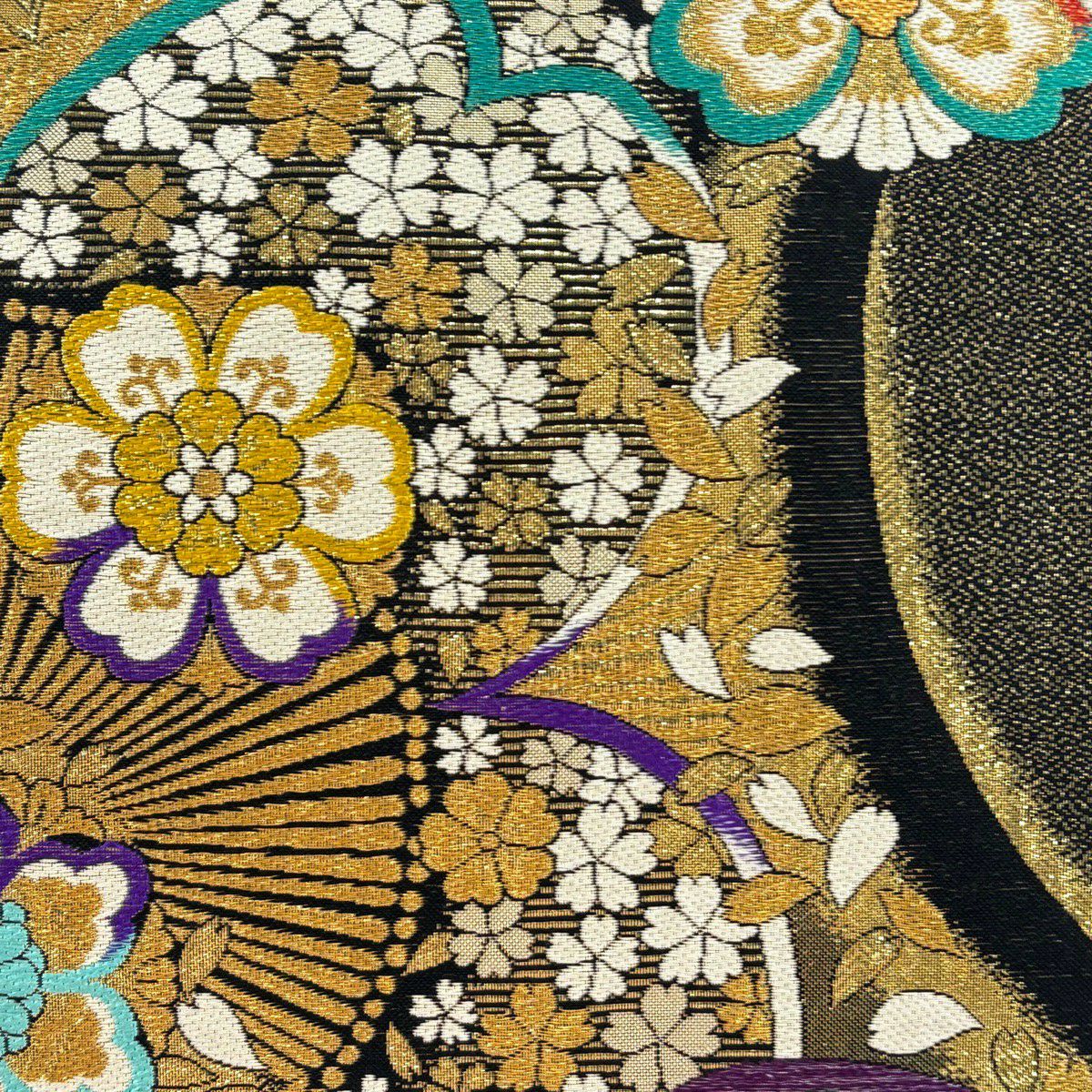 【美品】 袋帶 秀品級 葉與花瓣 金絲 金金箔 黑 六通 純蠶絲