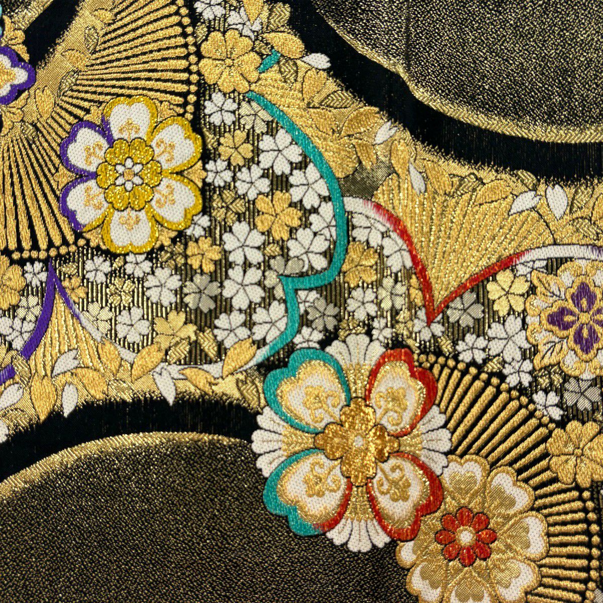 【美品】 袋帶 秀品級 葉與花瓣 金絲 金金箔 黑 六通 純蠶絲