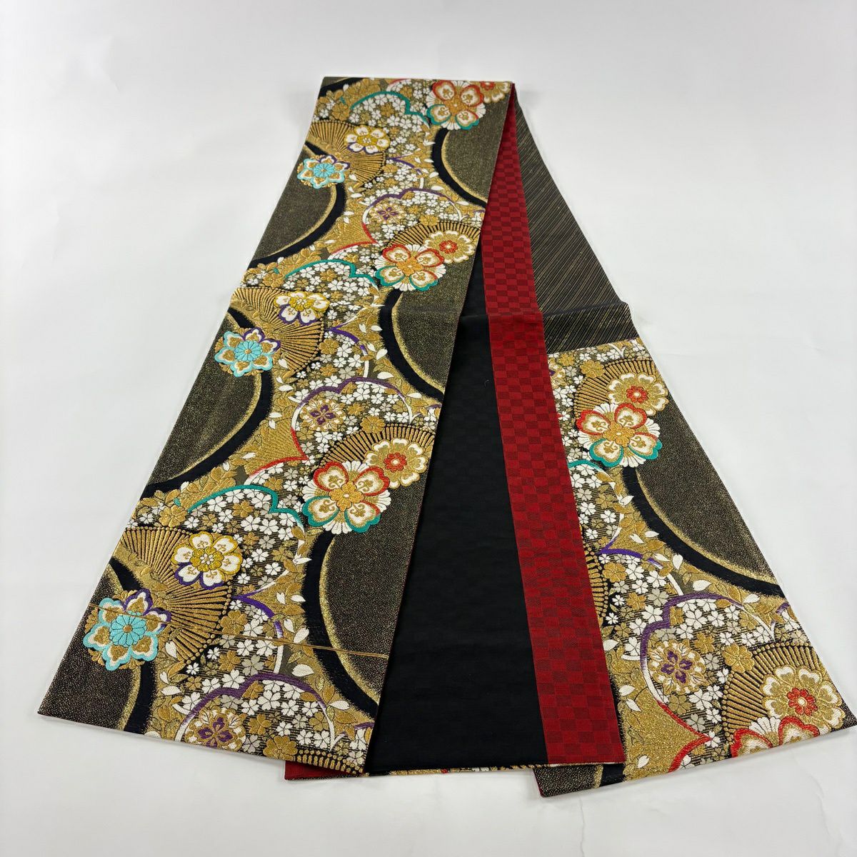 【美品】 袋帶 秀品級 葉與花瓣 金絲 金金箔 黑 六通 純蠶絲