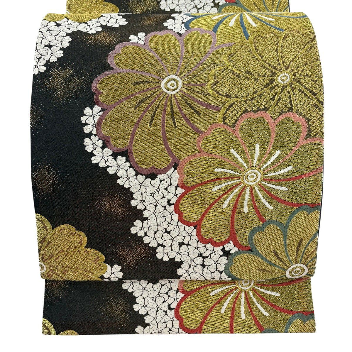 【美品】 袋帶 秀品級 花 金絲 金金箔 金茶 六通 純蠶絲