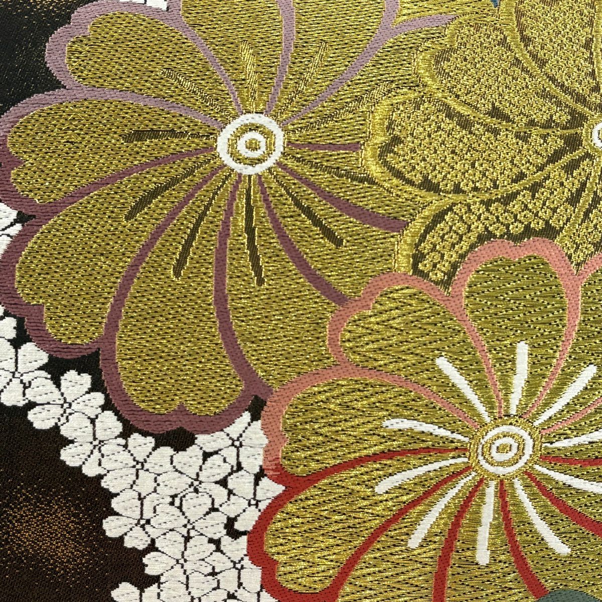 【美品】 袋帶 秀品級 花 金絲 金金箔 金茶 六通 純蠶絲