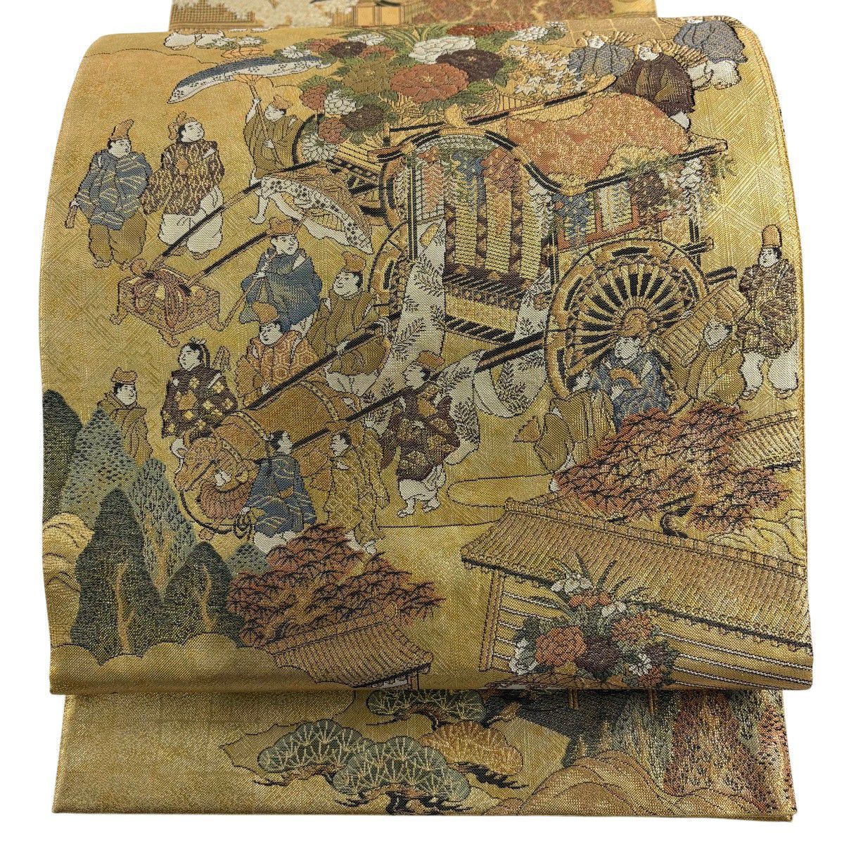 【美品】 袋帶 秀品級 御所車 人物 金絲 金金箔 金色 大鼓圖案 純蠶絲