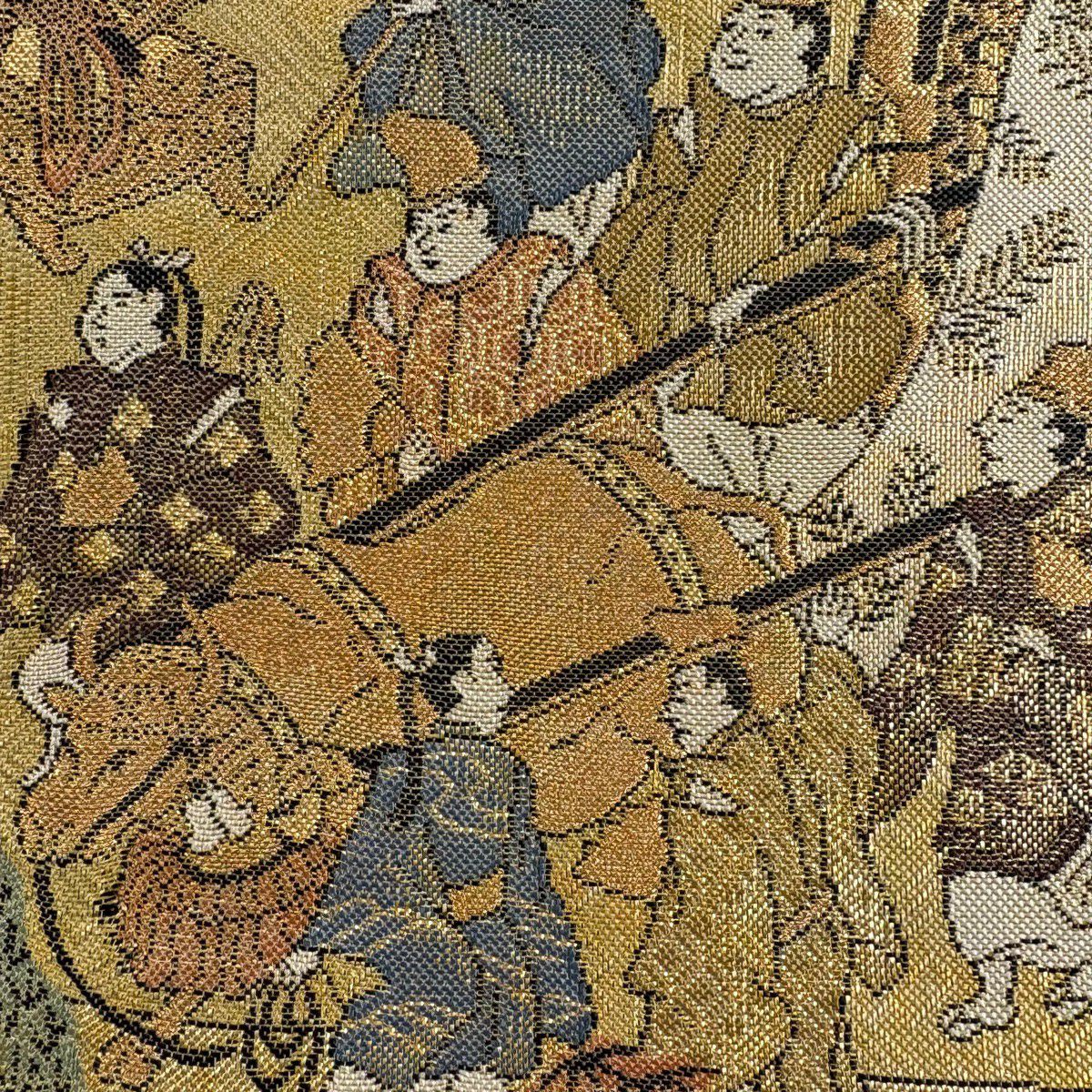 【美品】 袋帶 秀品級 御所車 人物 金絲 金金箔 金色 大鼓圖案 純蠶絲