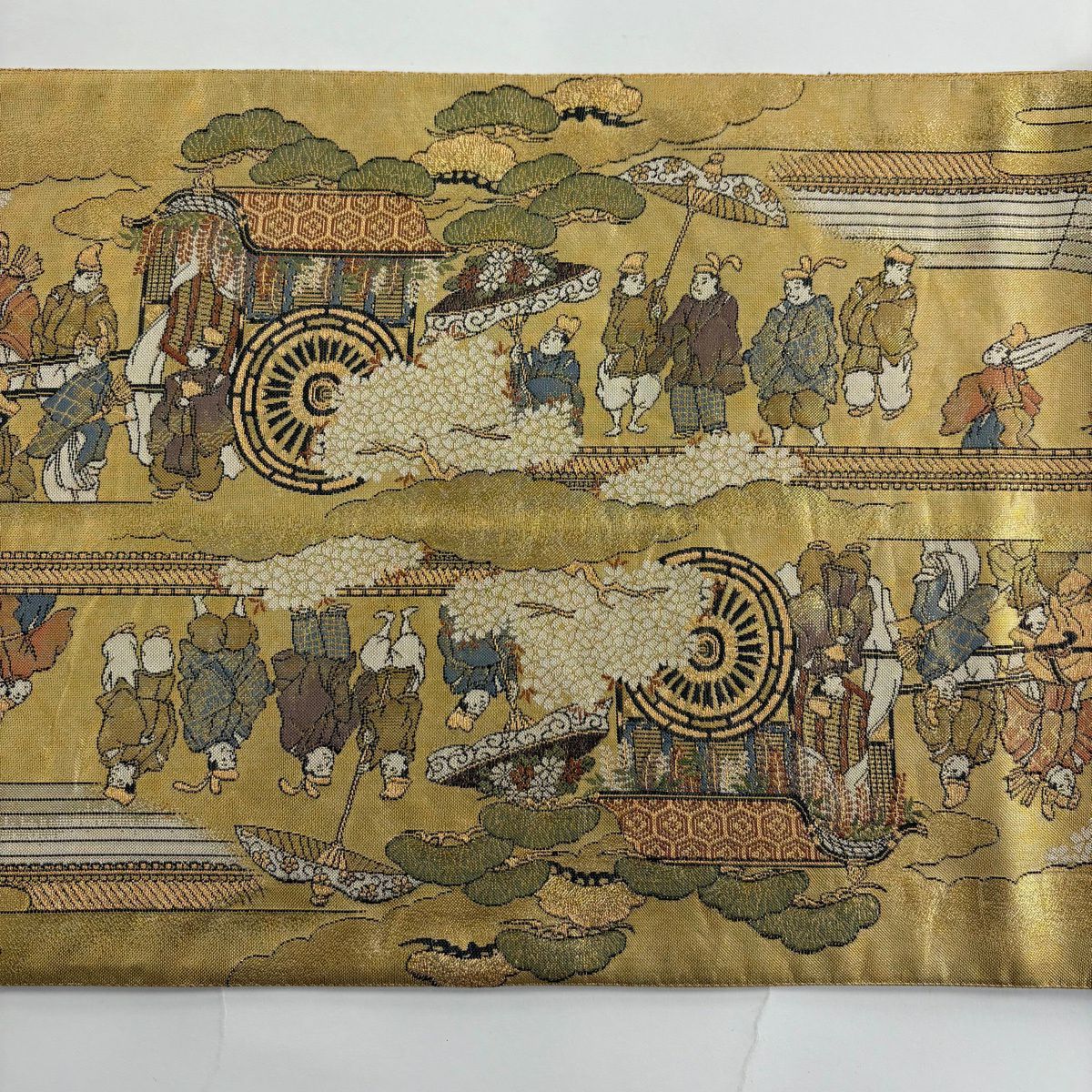 【美品】 袋帶 秀品級 御所車 人物 金絲 金金箔 金色 大鼓圖案 純蠶絲