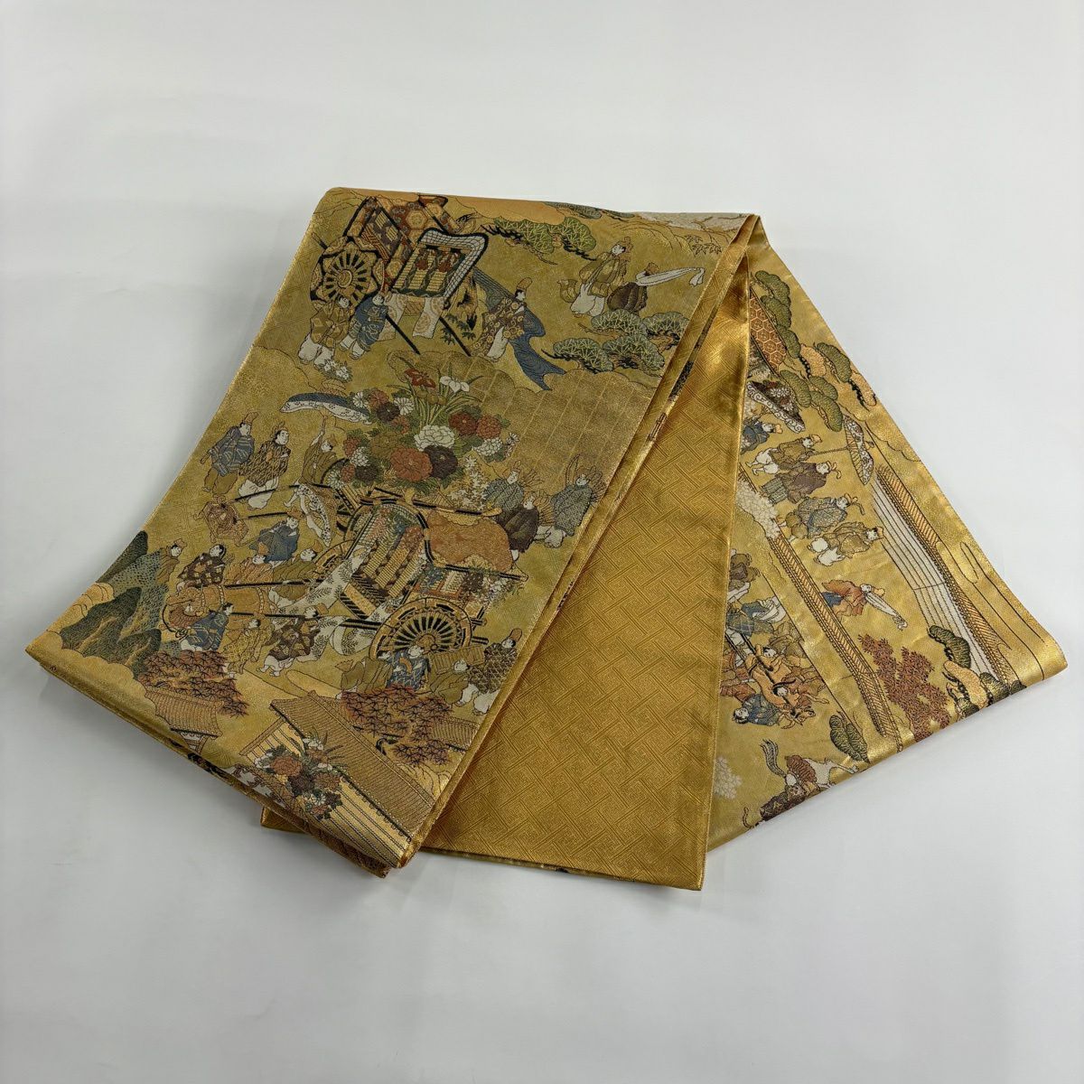 【美品】 袋帶 秀品級 御所車 人物 金絲 金金箔 金色 大鼓圖案 純蠶絲