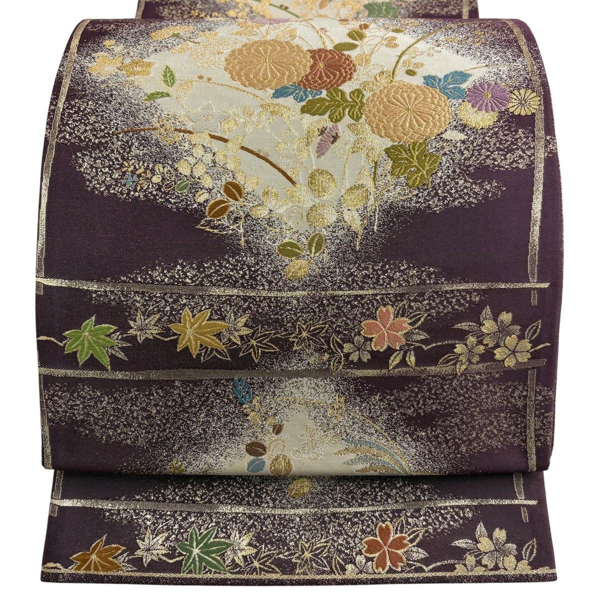 袋帶 秀品級 關西仕立 雜草 枝梅花 刺繡 金金箔 紫 六通 純蠶絲