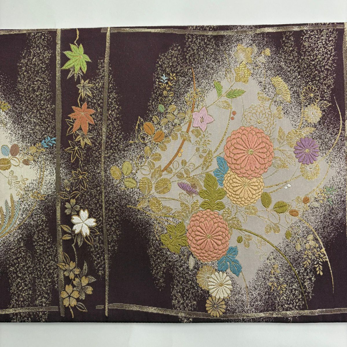 袋帶 秀品級 關西仕立 雜草 枝梅花 刺繡 金金箔 紫 六通 純蠶絲