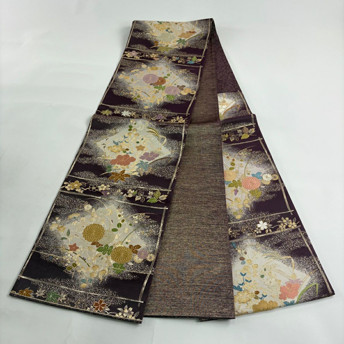 袋帶 秀品級 關西仕立 雜草 枝梅花 刺繡 金金箔 紫 六通 純蠶絲