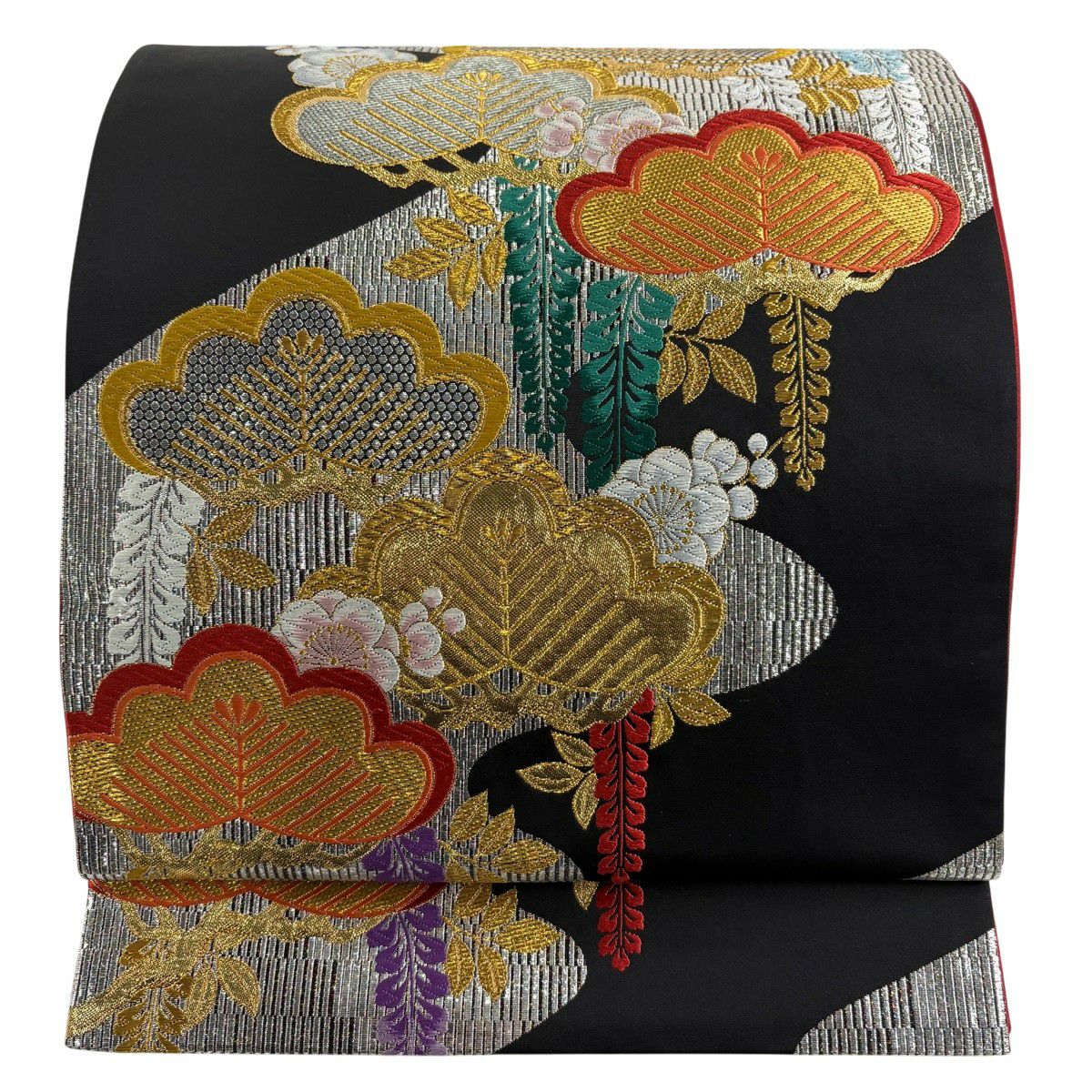 【美品】 袋帶 秀品級 松樹梅花 藤 唐織 金金箔 黑 六通 純蠶絲