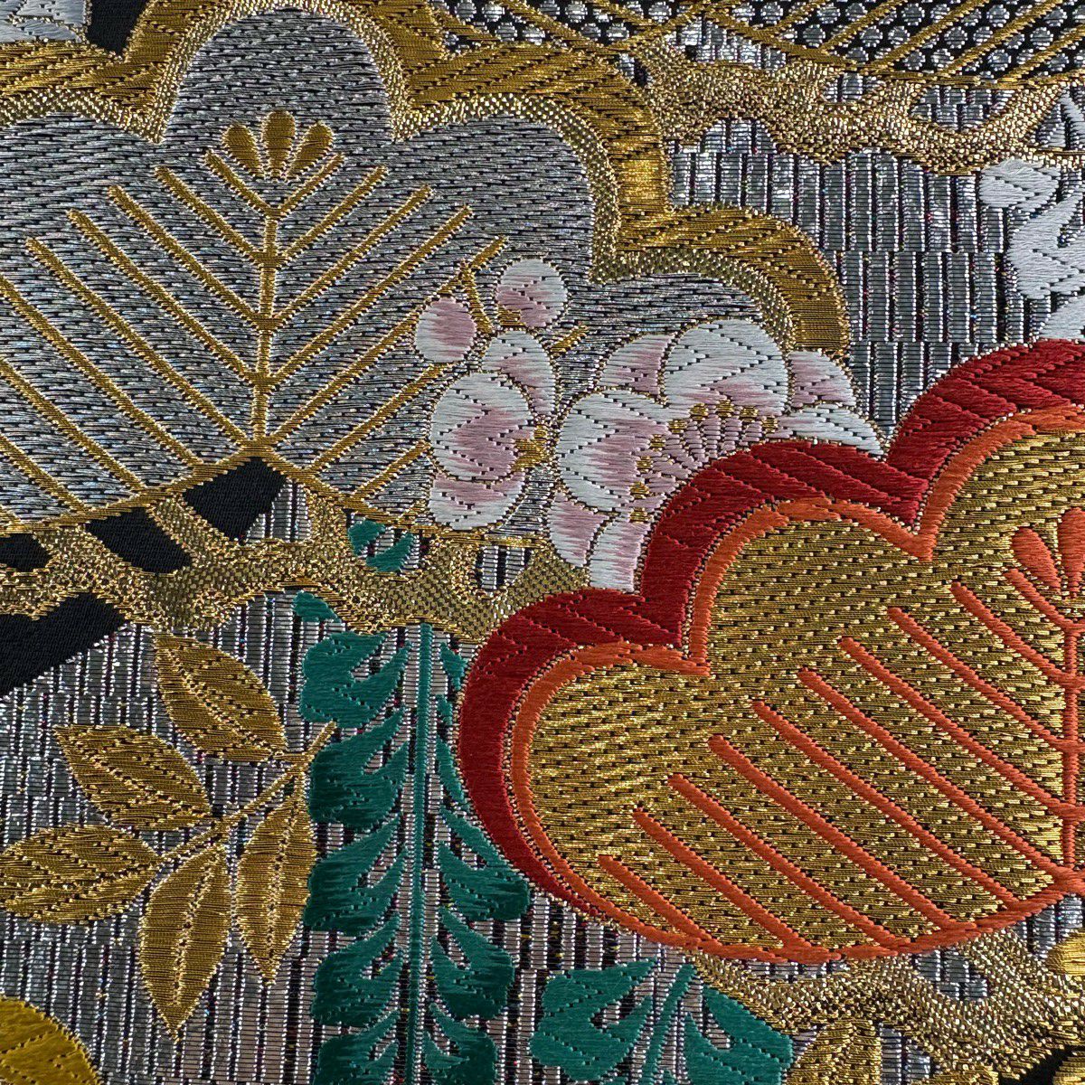 【美品】 袋帶 秀品級 松樹梅花 藤 唐織 金金箔 黑 六通 純蠶絲